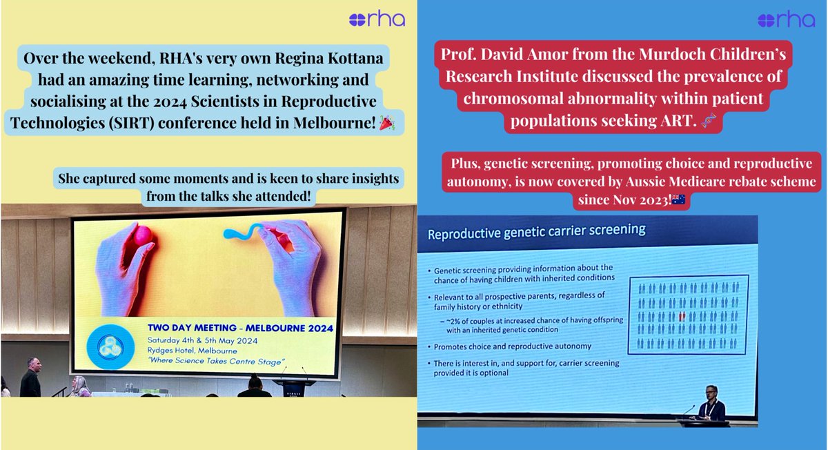 RepHealthOz's tweet photo. Over the weekend RHA's @ReginaKottana had an amazing experience at the 2024 @SIRTnews conference held in Melbourne! 🎉   

Regina is keen to share some memorable moments. 

#sirt #sirt2024 #ART #geneticscreening  #endocrinedistruptingchemicals  #embryoimplantation #rephealthoz https://t.co/v4WXjmih4D