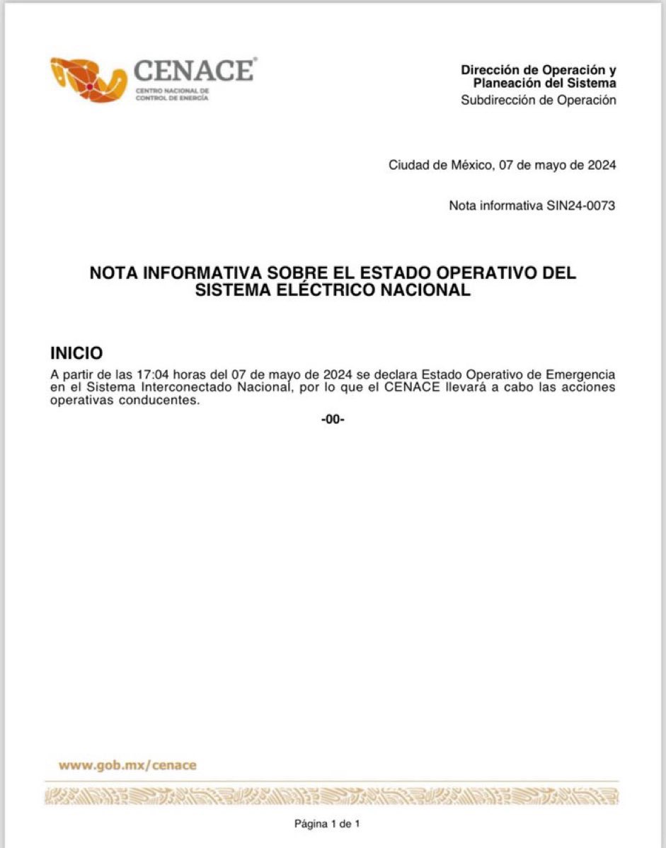 El CENACE informa que el sistema eléctrico nacional entra en emergencia, o sea vienen apagones. Bienvenidos a la nueva Venezuela.