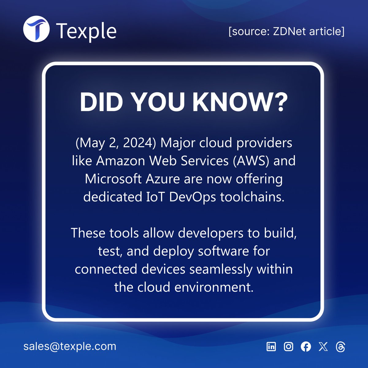 🚀 Exciting News! 🚀
AWS and Azure now offer dedicated IoT DevOps toolchains, simplifying development for connected devices in the cloud. @TheTexple Technologies is at the forefront of IoT innovation - follow us for the latest updates! #IoT #DevOps #CloudComputing #AWS