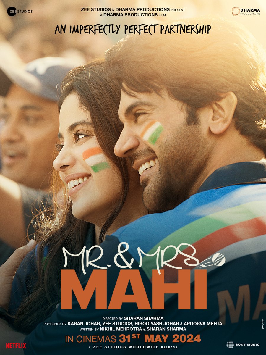 Get ready to be stumped by an imperfectly perfect partnership. 🏏 #MrAndMrsMahi in cinemas on 31st May, 2024. #KaranJohar @apoorvamehta18 @RajkummarRao #JanhviKapoor #SharanSharma #NikhilMehrotra @somenmishra0 @ZeeStudios_ @sonymusicindia