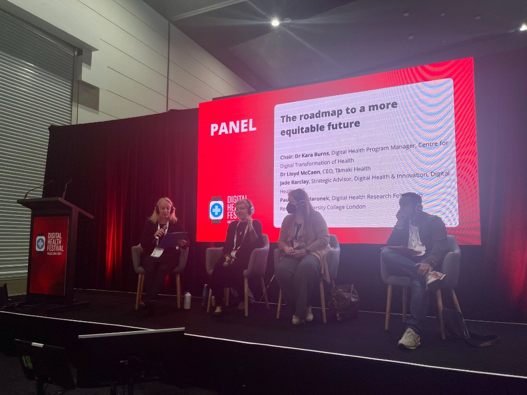 Day 2 of #DHF24! Dr @karaburns, chaired a panel on ‘the roadmap to a more equitable future’ with panellists, Dr Lloyd McCann, Jade Barclay and Dr Paulina Bondaronek. Great session addressing how we can mak healthcare more accessible and equitable for our communities 👏