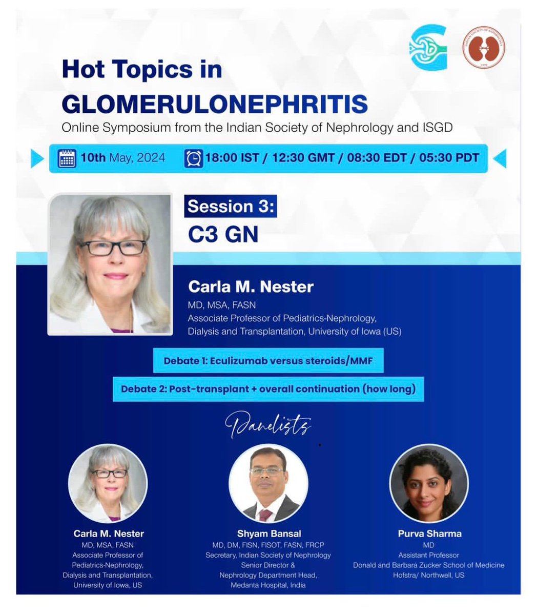 Dont Miss Prof Carla Nester speak on key aspects of C3GN in Online Symposium on Glomerulnephritis by the @isn_india and @ISGDtweets. 10th May 2024, 6.00PM IST. @drshyambansal @AnandhUrmila @manirath @ISNeducation @ASNKidney @GlomCon Register at is-gd.org/hot-topics-in