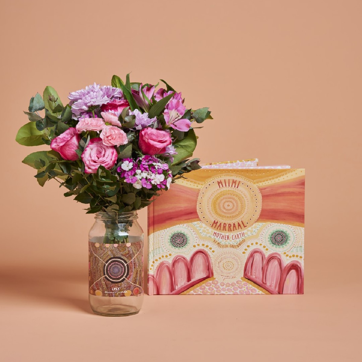 Limited edition Miimi & Jiinda 'Jaanymili' artwork around LVLY’s trademark flower jar, with a native flower arrangement (licensed through Copyright Agency). Order here: brnw.ch/21wJyXU

Credit: Jaanymili © Melissa Greenwood/Copyright Agency, 2024. Courtesy of LVLY.