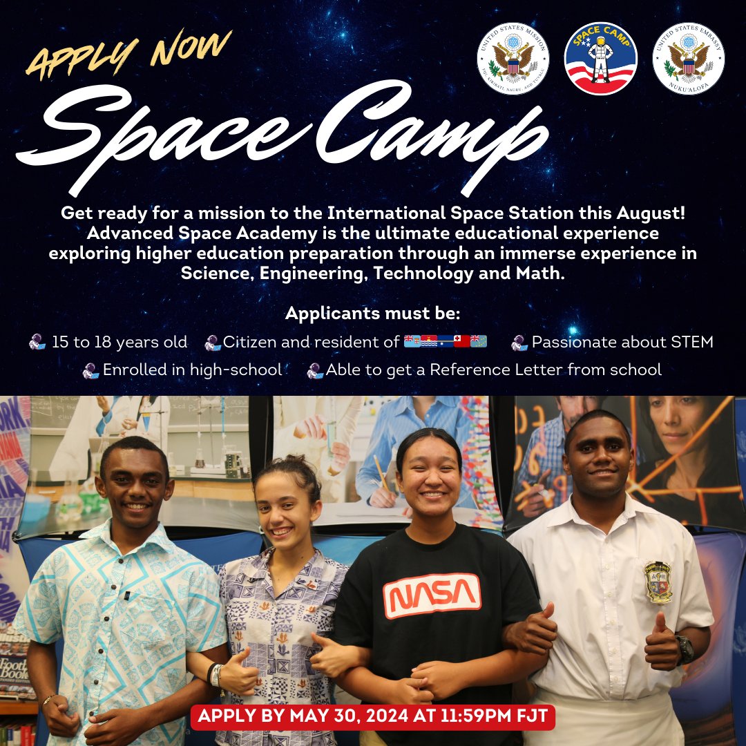 🛰️ Calling all future astronauts! #SpaceCamp is around the corner, and we want YOU! If you're aged 15-18 and ready to take on the ultimate space adventure, apply by May 30. Remember, your 90-second video is your ticket to the stars! Read more: fj.usembassy.gov/space-camp-202…