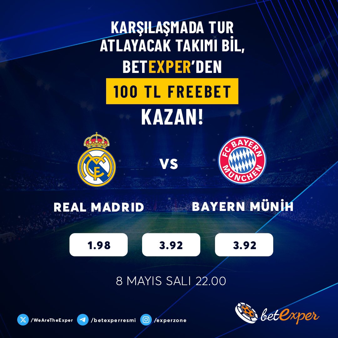 Real Madrid ⚔️ Bayern Münih mücadelesinde hangi takım tur atlar? doğru tahmin edenlere 100 TL FreeBet Hediye! 🔥  

Katılım linki; forms.gle/znqWX3CvjvLDo5…

✅Form üzerinden katıl 
✅Gönderiyi beğen ve rt
✅ #Betexper tag’iyle 3 arkadaşını etiketle