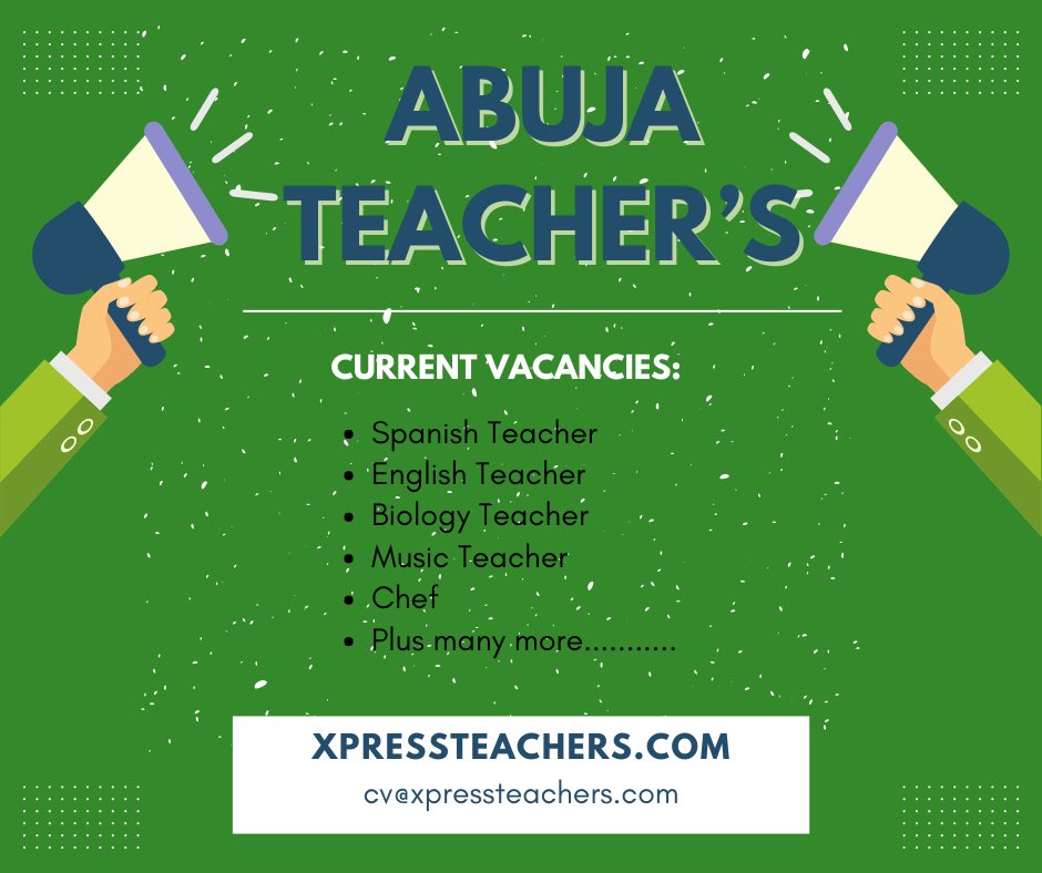 WHERE YOU AT FCT (ABUJA) TEACHERS! OPEN POSITIONS FOR:
• CLASS TEACHER (YR 1-6) - KUBWA
• EARLY YEARS TEACHER - WUSE
• TEACHING ASSISTANT (YR 1) - FCT
• JSS 1 & 2 SUBJECT TEACHER - KUBWA
• SUBJECT TEACHERS - MAITAMA
VISIT XPRESSTEACHERS.COM
#jobs #teachers #abuja