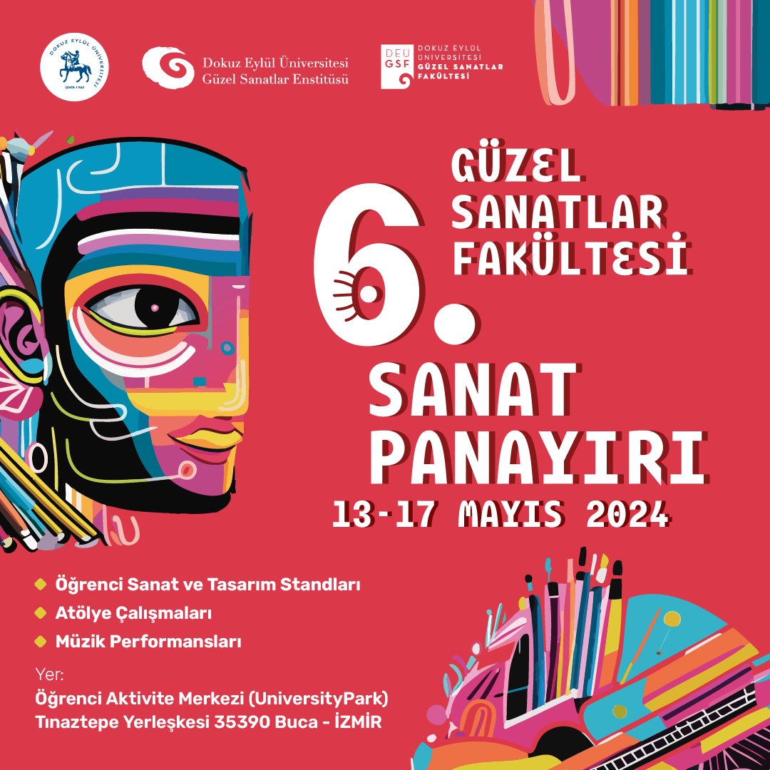 Fakültemizin 6. Sanat Panayırı tüm hafta boyunca (13-17 Mayıs) Tınaztepe Yerleşkesi Öğrenci Aktivite Merkezi'nde. Öğrencilerimizi sanat ve tasarım standlarına, atölye çalışmalarına ve dinletilere bekliyoruz. @universitemDEU @deu_kariyer @Sksdeu
