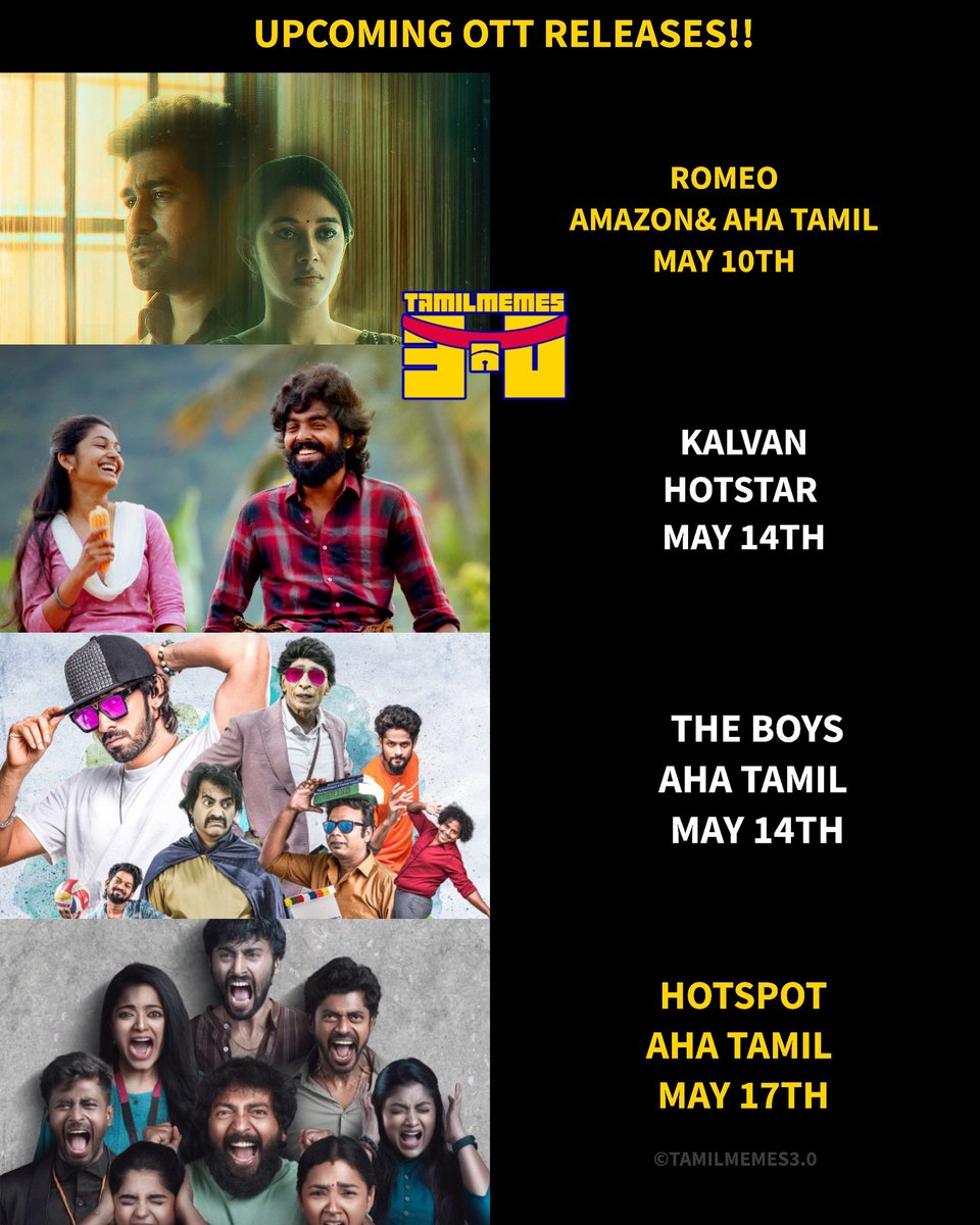 Upcoming Tamil ott releases 💥🎬

#Romeo | #Kalvan | #theboys | #Hotspot