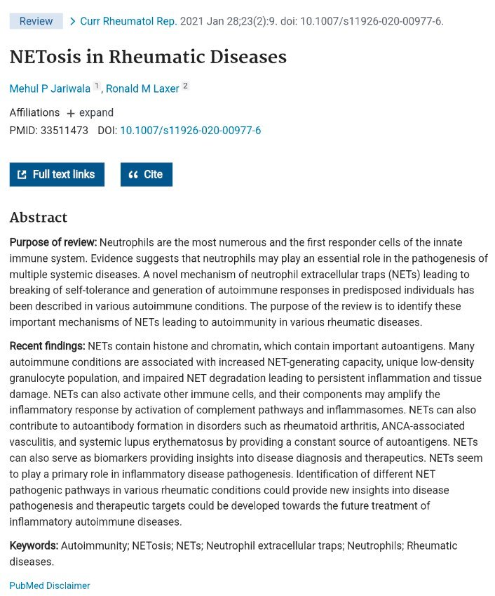 Woodynist's tweet image. 2/2
Les rhumatologues auraient pu apporter 1 appui à leurs collègues généralistes car ils connaissent un des symptômes les plus graves de la #covid : l&apos;apparition de #nétose. 
Ils sont donc supposés connaître les traitements curatifs ou mieux, préventifs, adaptés.
#netosis #NETs