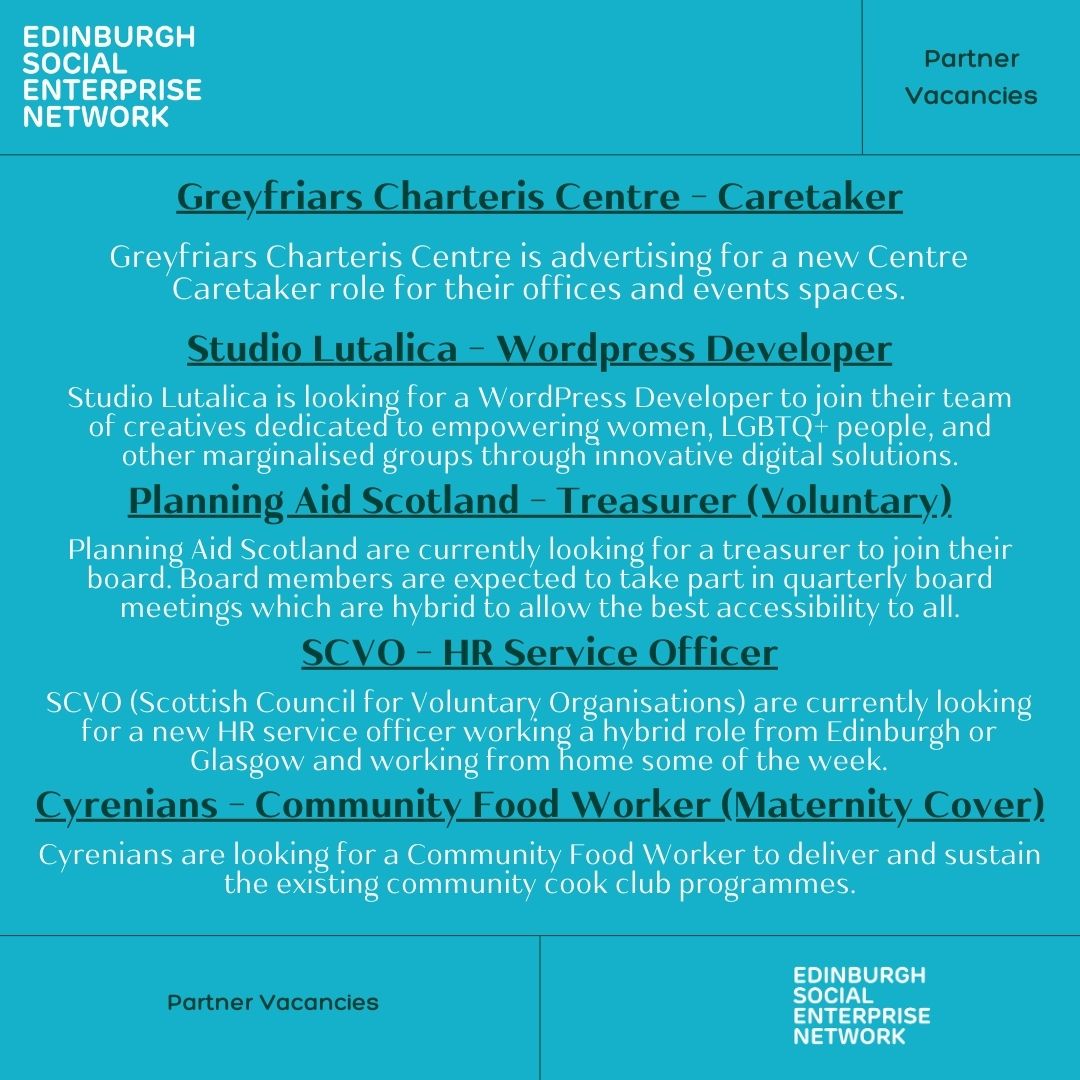 Looking for a new job? 👷‍♀️ Here's 5 social enterprises/partners that are looking for new talent right now! 💥 @CharterisCentre - Caretaker Studio Lutalica - Wordpress Developer @PAS_tweets - Treasurer @scvotweet - HR Service Officer @Cyrenians1968 - Community Food Worker