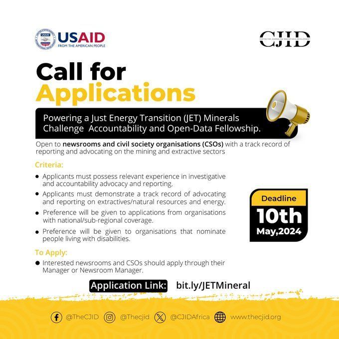 ICYMI: @CJIDAfrica invites CSOs & newsrooms with a track record of advocacy & reporting on the mining & extractive sectors to apply for its 'Just Energy Transition (JET) Minerals Challenge' —Accountability & Open-Data Fellowship. Apply by May 10. buff.ly/3xY3JYK