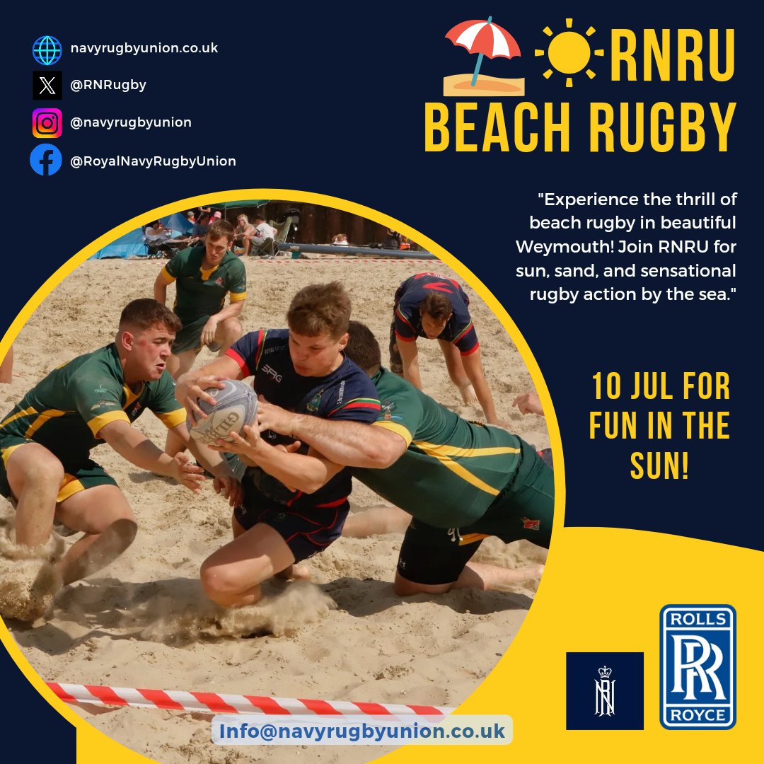 🩳 'Life's a Beach!' 🩳 Dust of your budgy smugglers and snorkels. #NavyRugby Beach Rugby Festival (men and women). Details to follow. 📅 10 Jul 24 ⌚ TBC 📍 Weymouth Pavilion 🅿️ The Esplanade, Weymouth, Dorset, DT4 8ED info@navyrugbyunion.co.uk #NAVYFit 📷 @CSandersphot