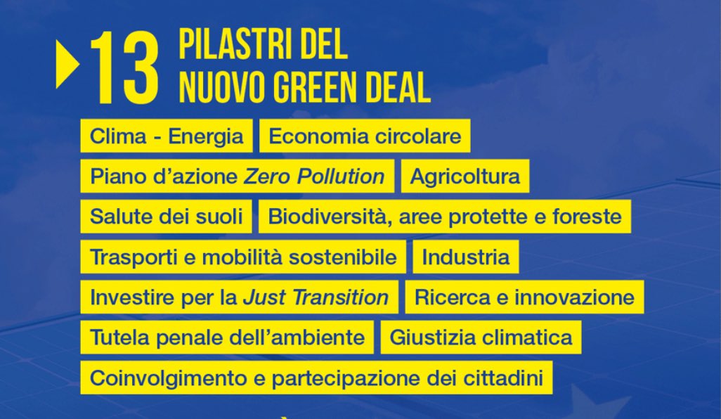 13 pilastri per costruire un #NuovoGreenDeal: clima-energia • economia circolare • zero pollution • agricoltura • suolo • industria • mobilità sostenibile • biodiversità • Just Transition • tutela penale dell’ambiente • giustizia climatica • ricerca • partecipazione