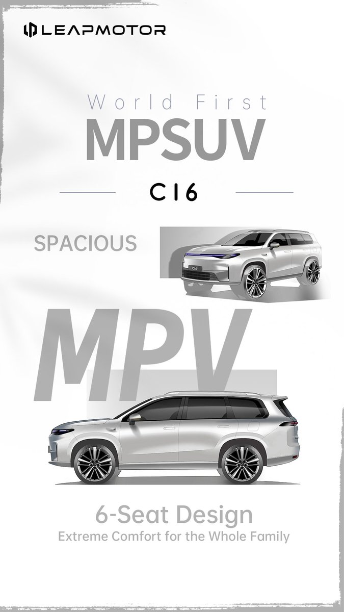Leapmotorglobal's tweet image. Unveiling the design sketches of Leapmotor C16! World First MPSUV, offering a six-seater configuration for ultimate family comfort. Embrace the stylish SUV look and embark on a journey of diverse driving experiences.
#Leapmotor #MPSUV #C16