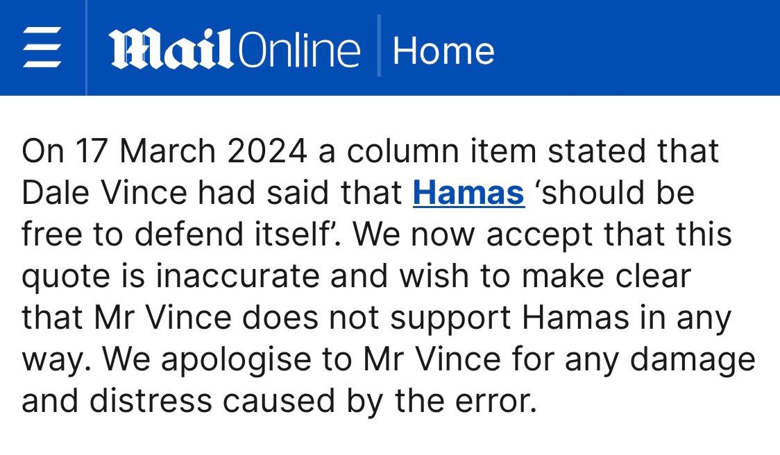 Another day, another smear attack defeated. Some weeks ago, the Mail made false claims about Palestine and what I said about it. Today they’ve backed down in the face of a legal challenge. They’ve published an apology across all their titles, will pay legal costs and compensation…