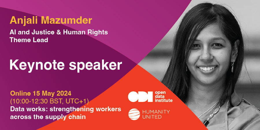 We're delighted to be joined by Anjali Mazumder from @turinginst on 15th May at our event exploring how data can empower workers and promote ethical supply chains. For more information and to get your free ticket, follow the link below. Don't miss out! hubs.li/Q02wvHYQ0