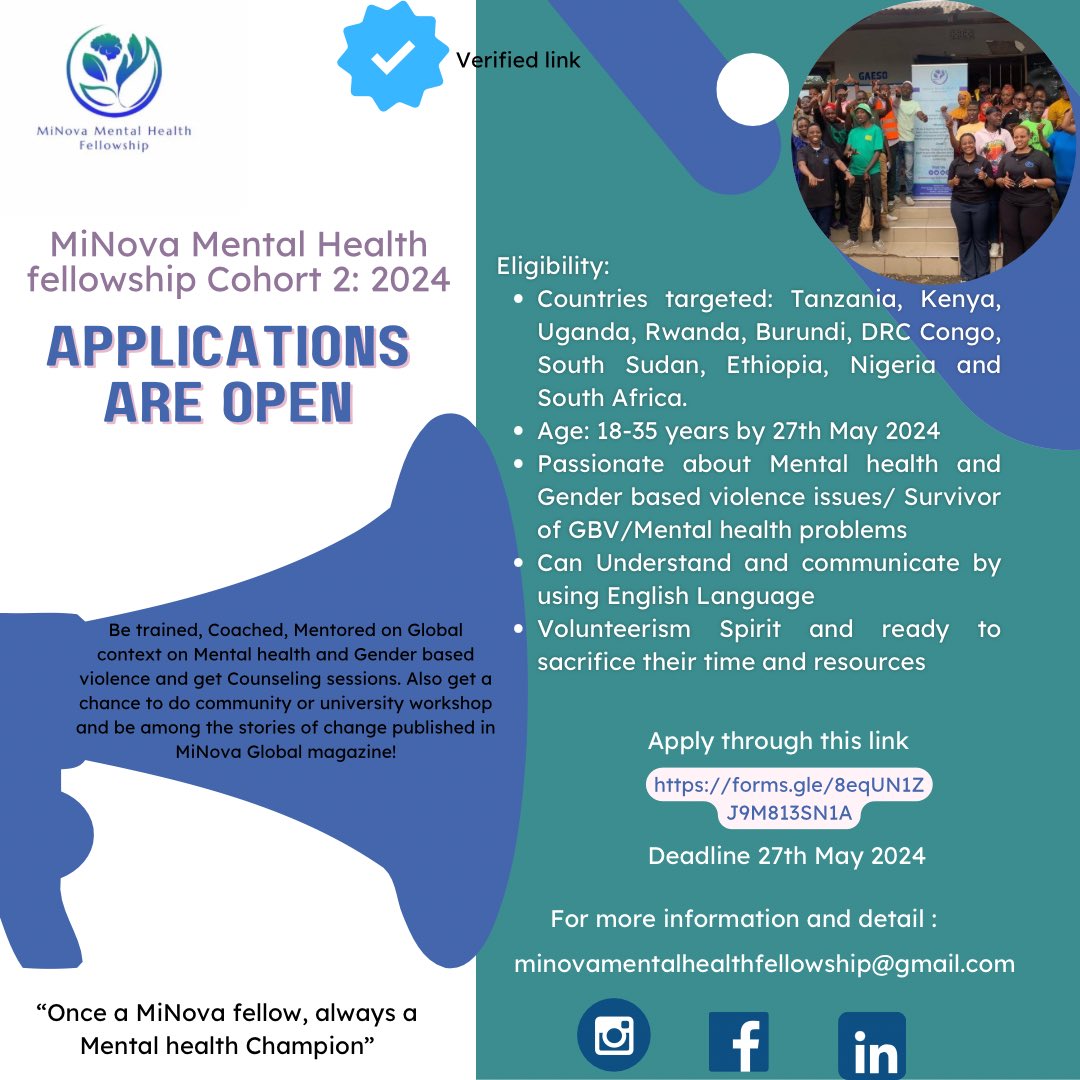 MiNova Mental Health Fellowship Cohort 2 Application:
.
Countries targeting: Tanzania 🇹🇿, Kenya 🇰🇪, Uganda 🇺🇬, Rwanda 🇷🇼, Burundi 🇧🇮, DRC Congo, South Sudan 🇸🇸, Nigeria 🇳🇬, Ethiopia 🇪🇹, and South Africa 🇿🇦.
.
The link is in the bio and also here; 
forms.gle/8eqUN1ZJ9M813S…