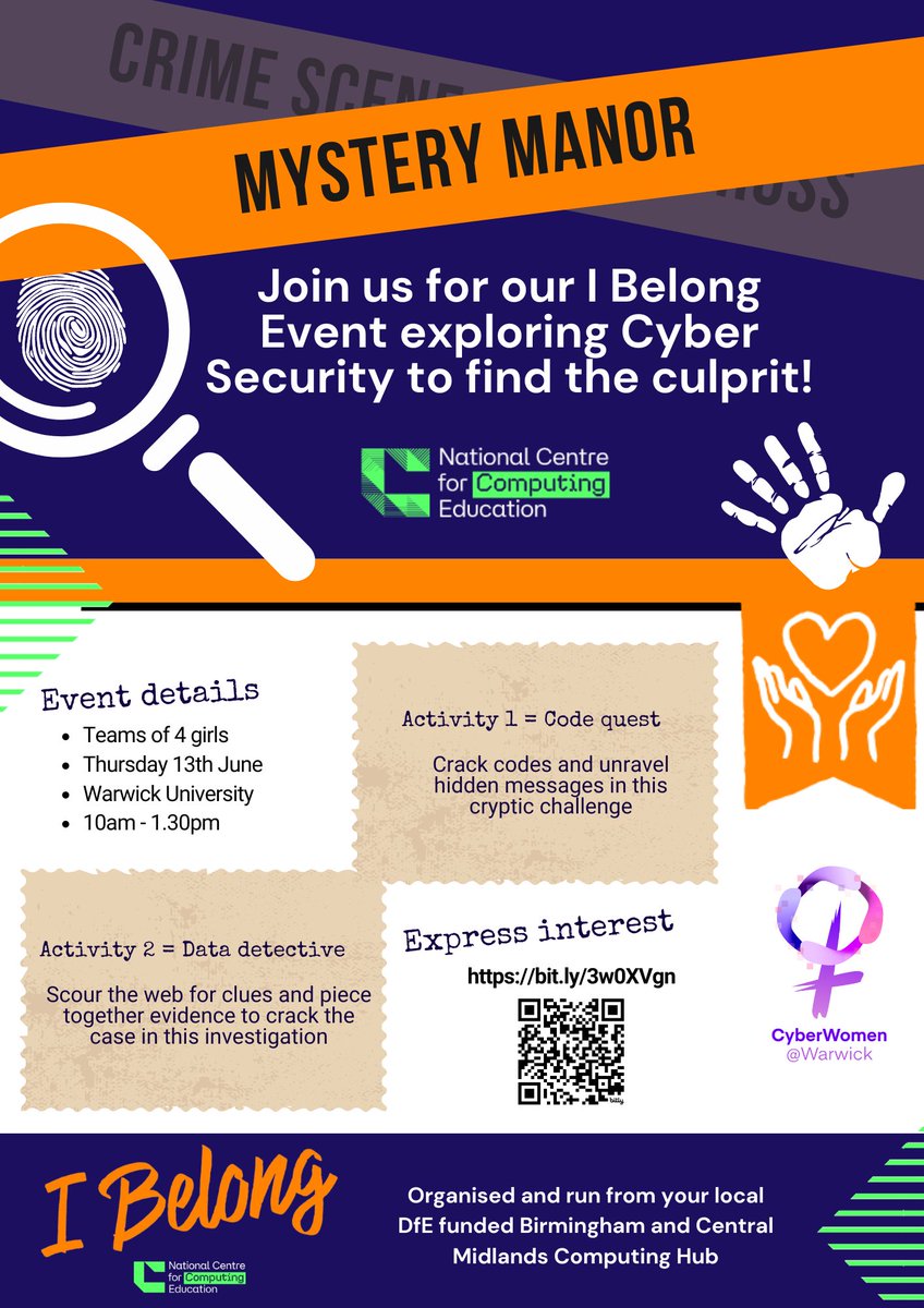Secondary schools are invited to the Mystery Manor event at the University of Warwick on June 13th in collaboration with CyberWomen@warwick. Find out more and express your school's interest here: eu1.hubs.ly/H08_vmf0 Or scan the QR code. 
#haybridgetsh #universityofwarwick
