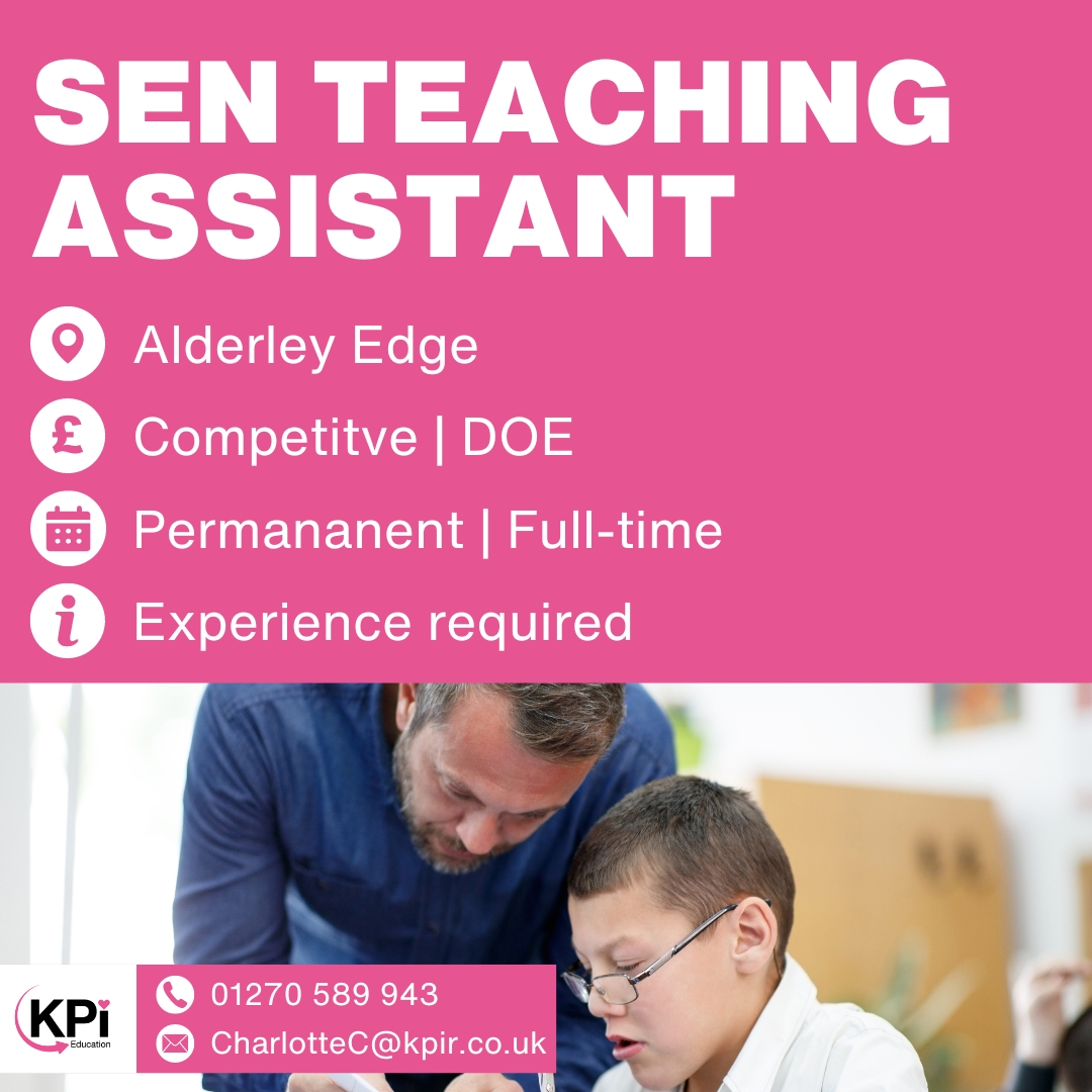 **SEN TEACHING ASSISTANT** Alderley Edge. Competitive Salary

Call 01270 589943 or email CharlotteC@kpir.co.uk to apply.

Visit bit.ly/KPIEduJob to find MORE Jobs like this!

#SENTeacher #TeachingAssistant #TeacherJobs #AlderleyEdgeJobs #WilmslowJobs #KPIRecruiting