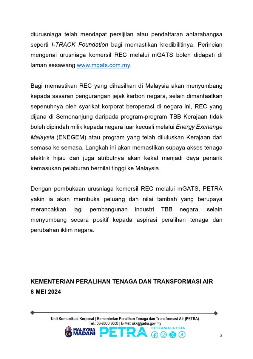 [Kenyataan Media] URUSNIAGA KOMERSIAL SIJIL TENAGA BOLEH BAHARU (REC) MALAYSIA MELALUI MALAYSIA GREEN ATTRIBUTE TRADING SYSTEM (mGATS) BANTU SYARIKAT KORPORAT PENUHI KOMITMEN ESG #PETRA #MalaysiaMADANI