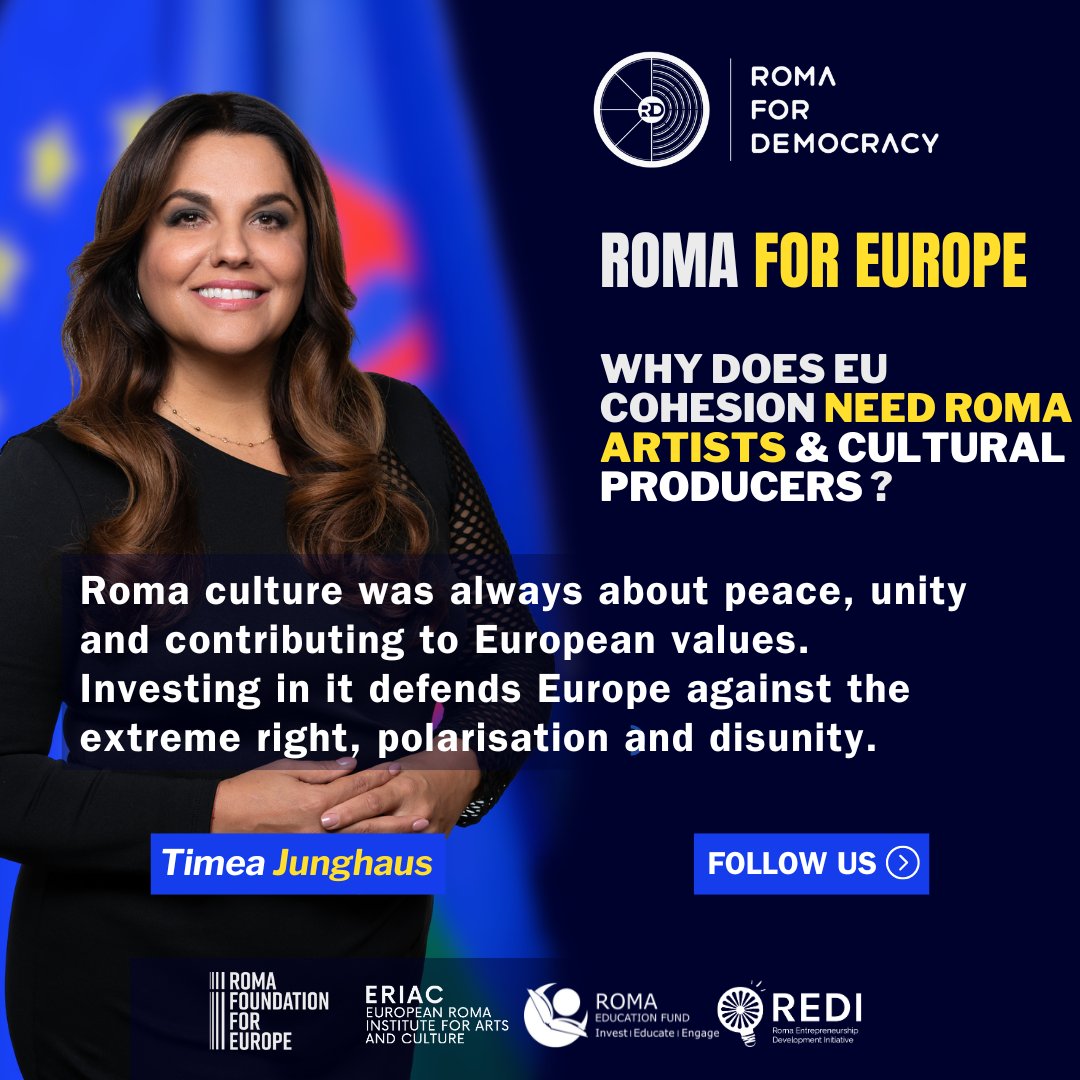 Why does EU cohesion need Roma artists and cultural producers? 'Roma culture was always about peace, unity and contributing to European values. Investing in it defends Europe against extreme right, polarisation and disunity.' - Timea Junghaus, director of ERIAC #romaforeurope