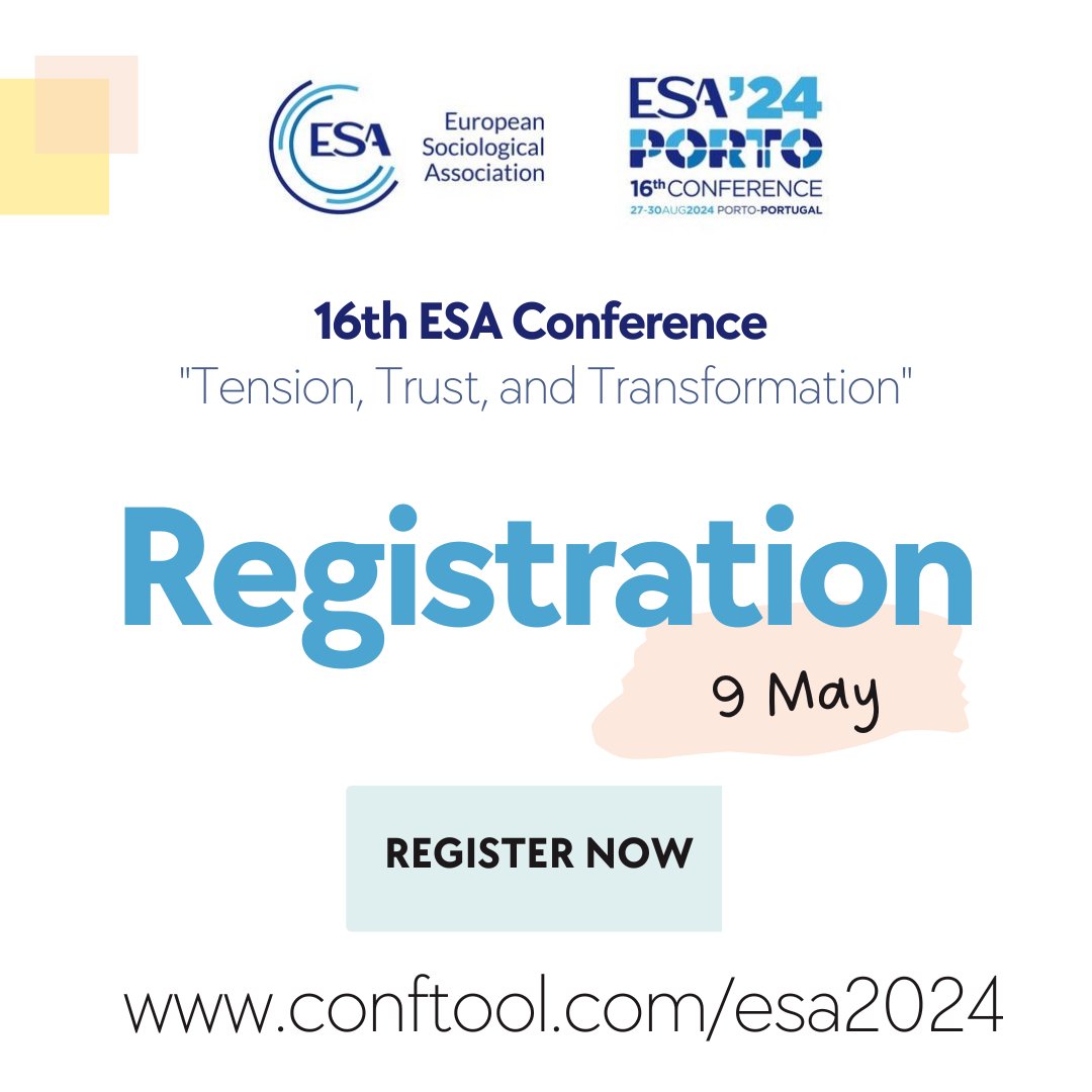 🚨 Last call for #ESAPorto24! Join us in Porto for the 16th European Sociological Association Conference from Aug 27-30. ❗️Register by May 9th to secure your spot! 🌍✨ 🔗 Register now: conftool.com/esa2024 #ESA2024 #registernow