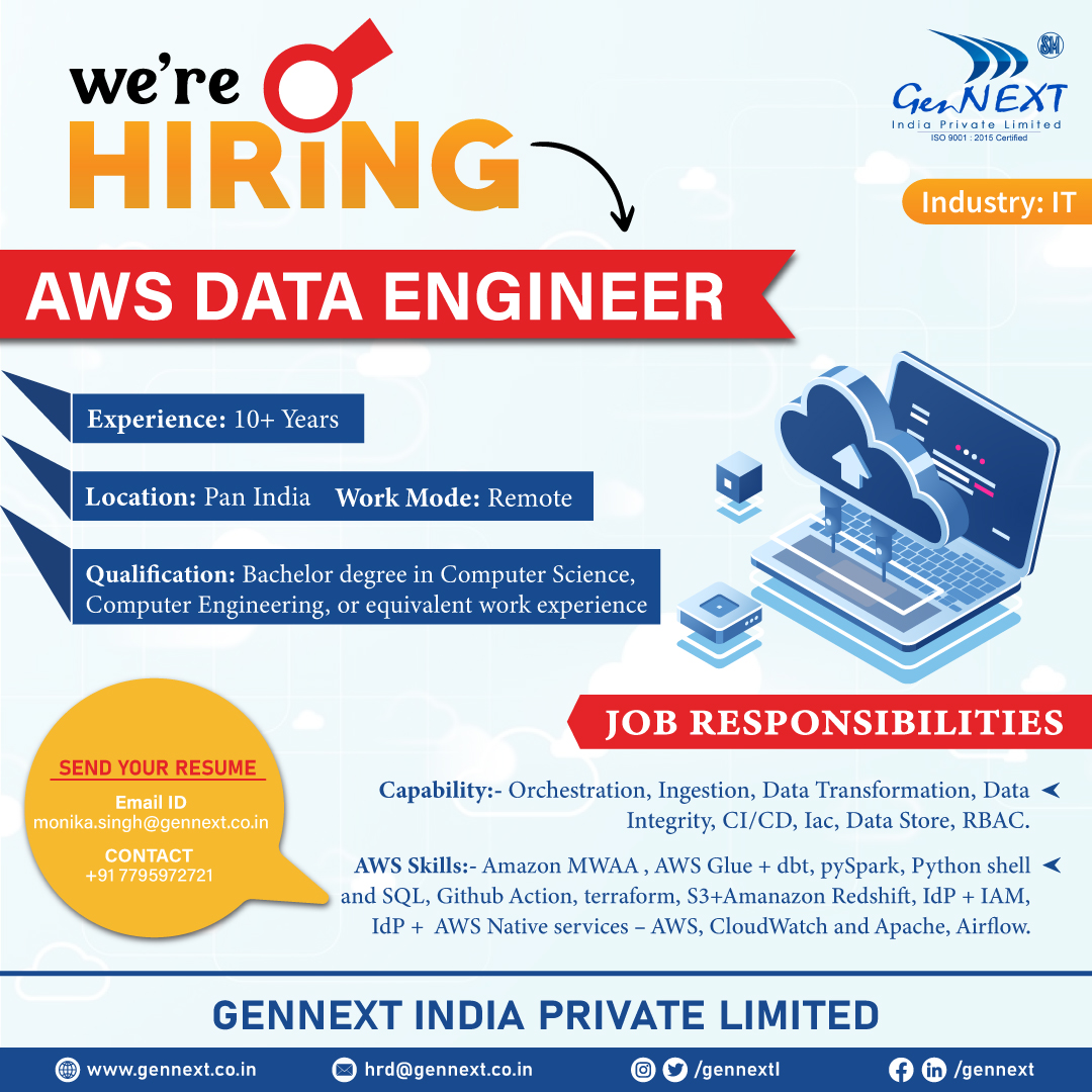 #UrgentHiring 💼📢🎯

Position: AWS Data Engineer
Location: Pan India
Work Mode: Remote

#AWS #DataEngineer #PanIndia #IT #Remote #Graduate #hiringnow #jobsearching #jobsearch #hiringnow2024 #jobseekers #hr #jobopenings2024 #gennextjob #gennexthiring #GenNext #hiring2024