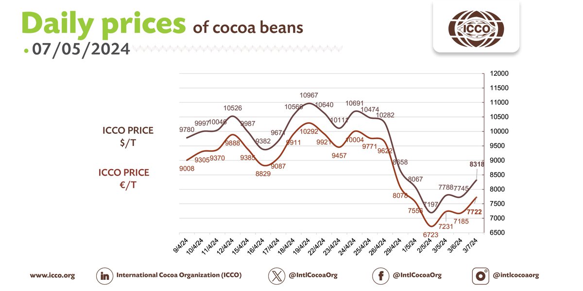 🔴 07/05/2024 #Cocoa Daily Prices - Prix du jour - Precios diarios - Ежедневные цены 💵 ICCO daily price - 8318.27 $/T 💶 ICCO daily price - 7722.27 €/T More #cocoa statistical info in our webpage🔗bit.ly/36Ad74r #ICCOCocoaHub #ICCOCocoaData #ICCOCocoaKnowledge