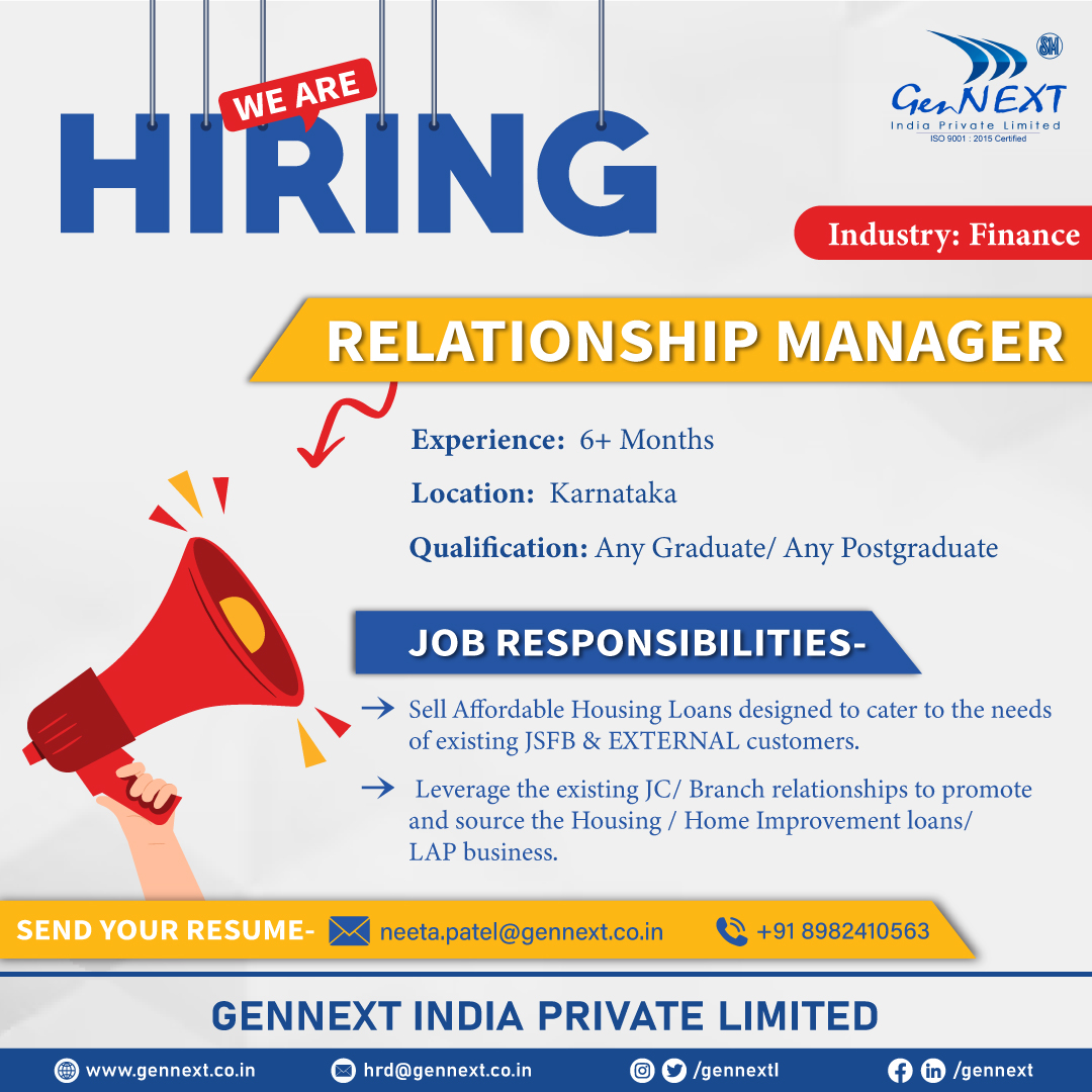#UrgentHiring 💼📢🎯

Position: Relationship Manager
Location: Karnataka

#RelationshipManager #Karnataka #Graduate #PostGraduate #hiringnow #jobsearching #jobsearch #Recruitment2024 #jobvacancy2024 #nowhiring #recruiting #gennextjob #gennexthiring #GenNext #hiring2024