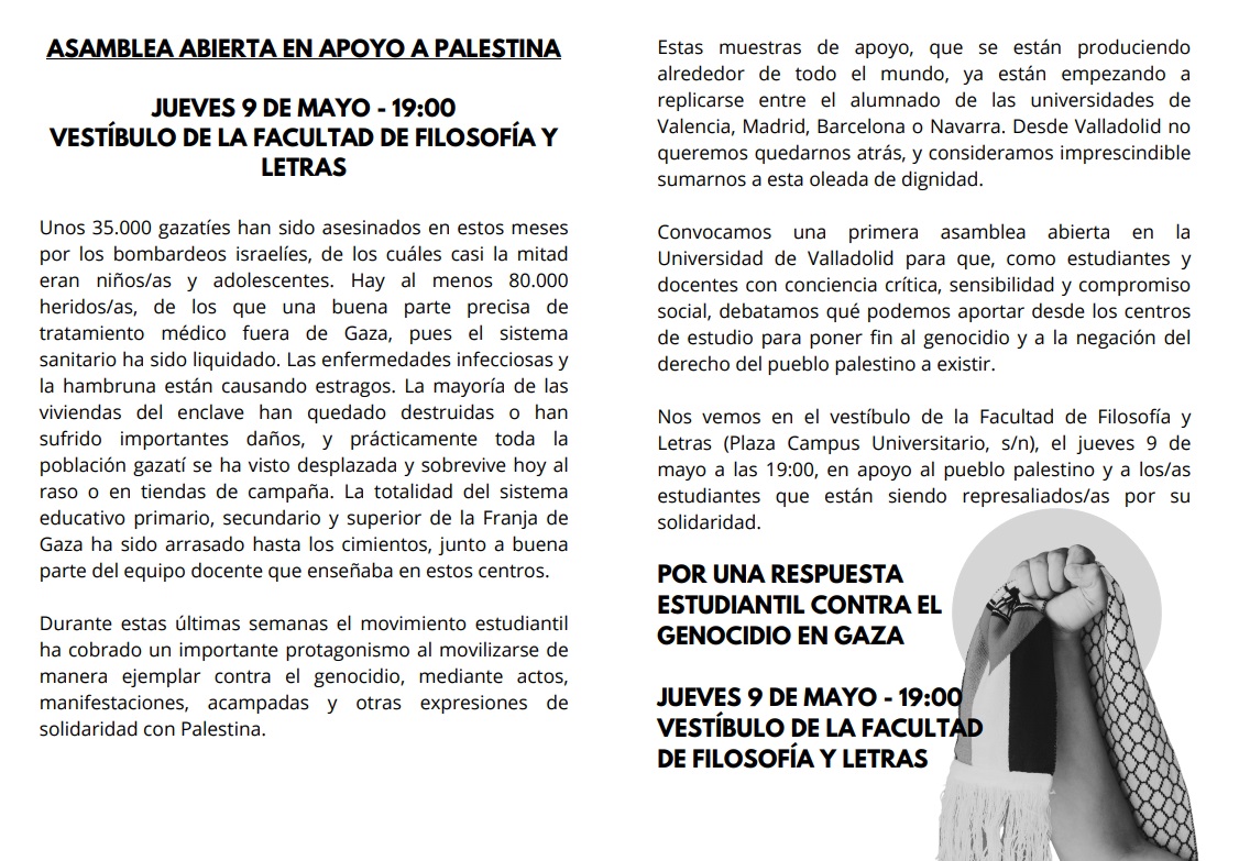 Estudiantes de la Universidad de Valladolid se suman a la ola de solidaridad con el pueblo palestino ➡️Asamblea abierta en apoyo a Palestina - Jueves 9 de mayo, 19:00h, Facultad de Filosofía y Letras