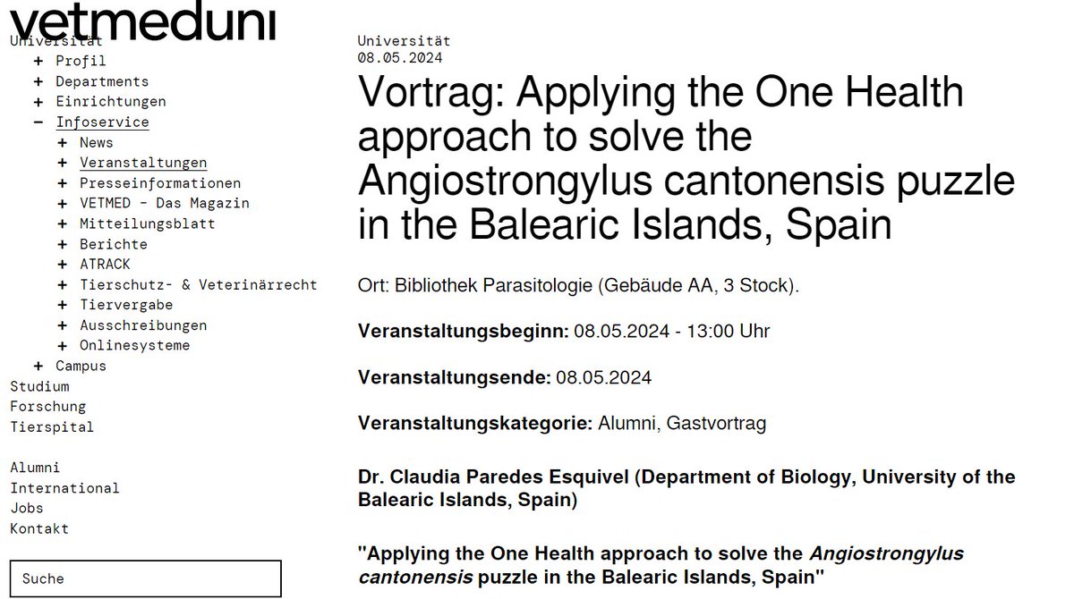 C_Paredes_E's tweet photo. Today at 13:00 at @VetmeduniVienna in amazing Viena, I´ll give a presentation on #Rat_lungworm thanks to @EUErasmusPlus and #HansPeterFuehrer #Raising #Awareness because 👉#early #detection improve #prognosis https://t.co/VNbzCsPgSu