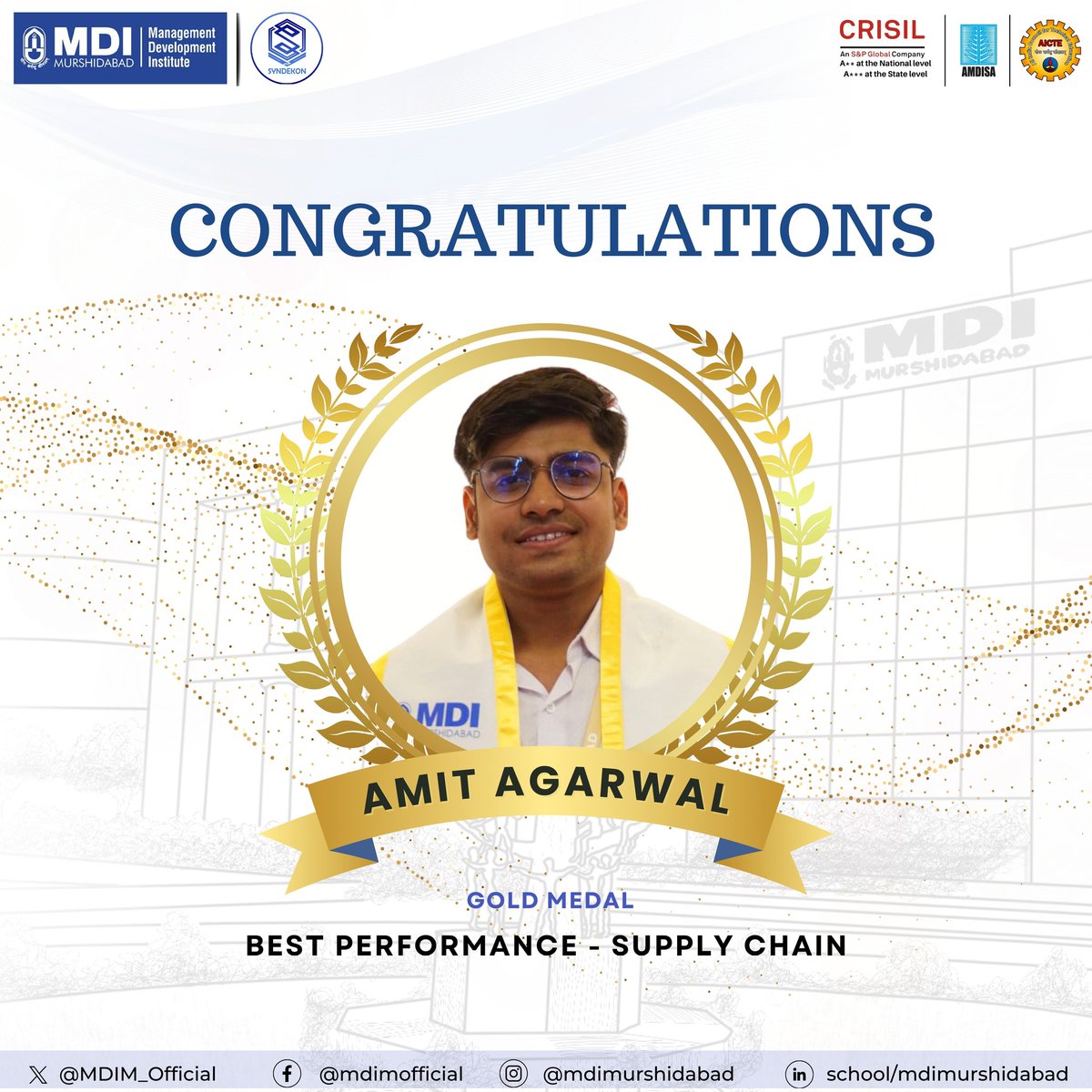 #MDIM proudly honors Mr Amit Agarwal for securing the Gold Medal in #SupplyChain for the PGDM class of 2022-24. Mr Agarwal's exceptional dedication and academic prowess set a high standard within the Supply Chain cohort, showcasing exemplary leadership. #MBA #MDI #Management