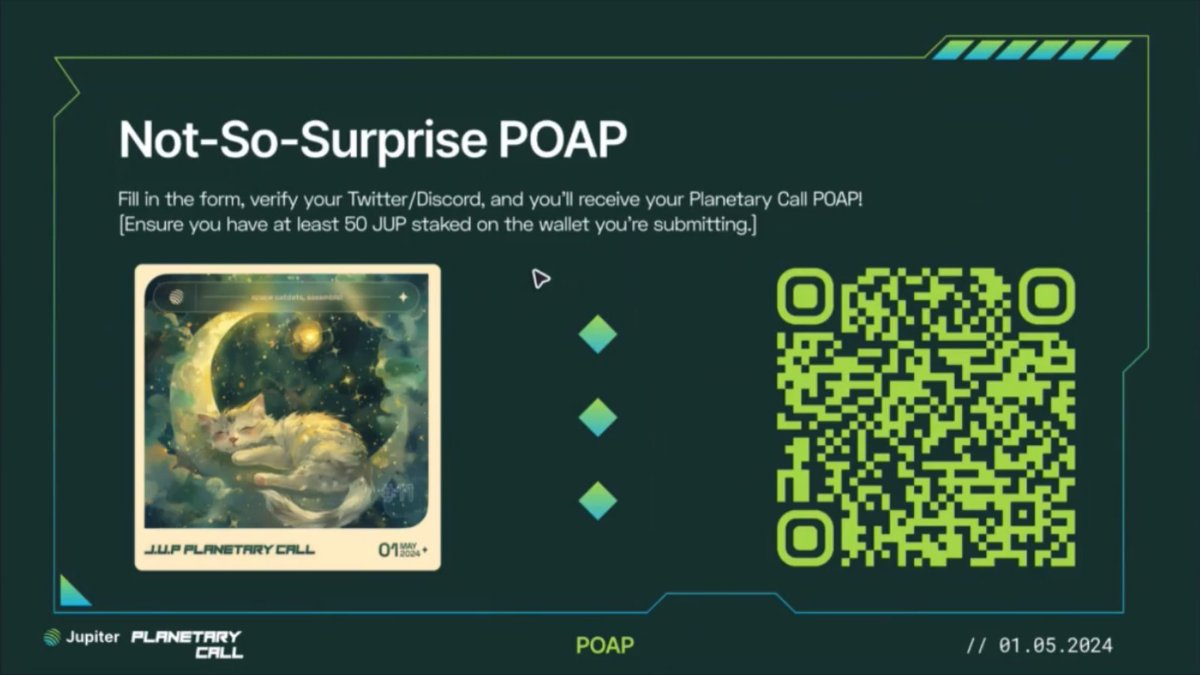 HOW TO GET POAP NFT FROM JUPITER?

Today at 3:30 PM UTC will be the next Planetary Call.

It will last approximately 1 hour and 30 minutes, at the end you will see a QR code, scan it, and you will get to the site where you need:

◆ Verify your Discord or Twitter account.
◆