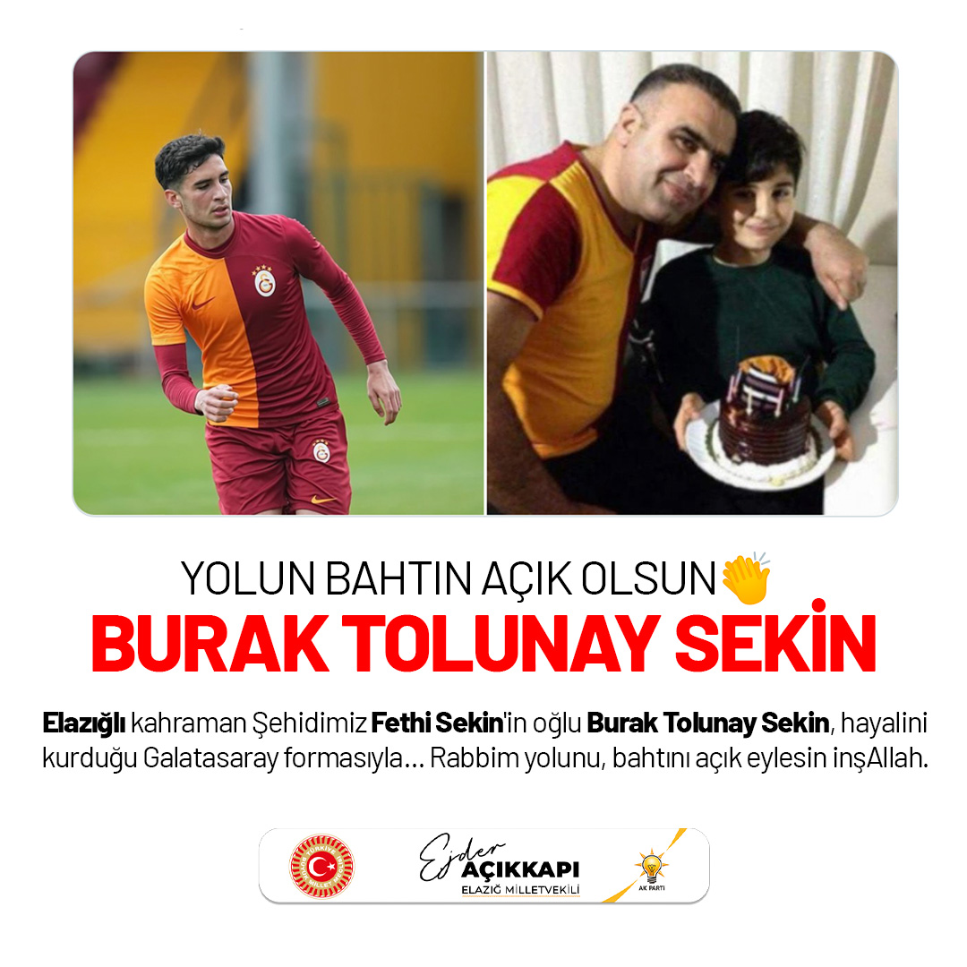 🇹🇷YOLUN , BAHTIN AÇIK OLSUN BURAK TOLUNAY SEKİN 👏 Elazığlı kahraman Şehidimiz Fethi Sekin'in oğlu Burak Tolunay Sekin, hayalini kurduğu Galatasaray formasıyla... Rabbim yolunu, bahtını açık eylesin inşAllah.