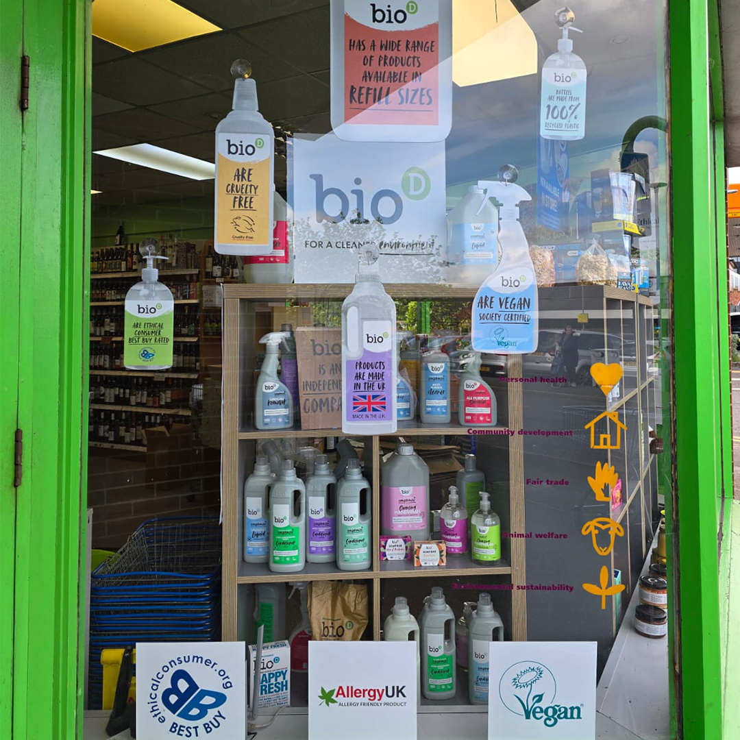 Thank you for sending us your Bio-D window display @ootwnotts!

If you're an independent store who stocks our ethical cleaning products and would like to display Bio-D POS in your shop window, please DM us.  

#BioD #ShopSmall #IndependentShop #Clean #Eco #Vegan #BCorp