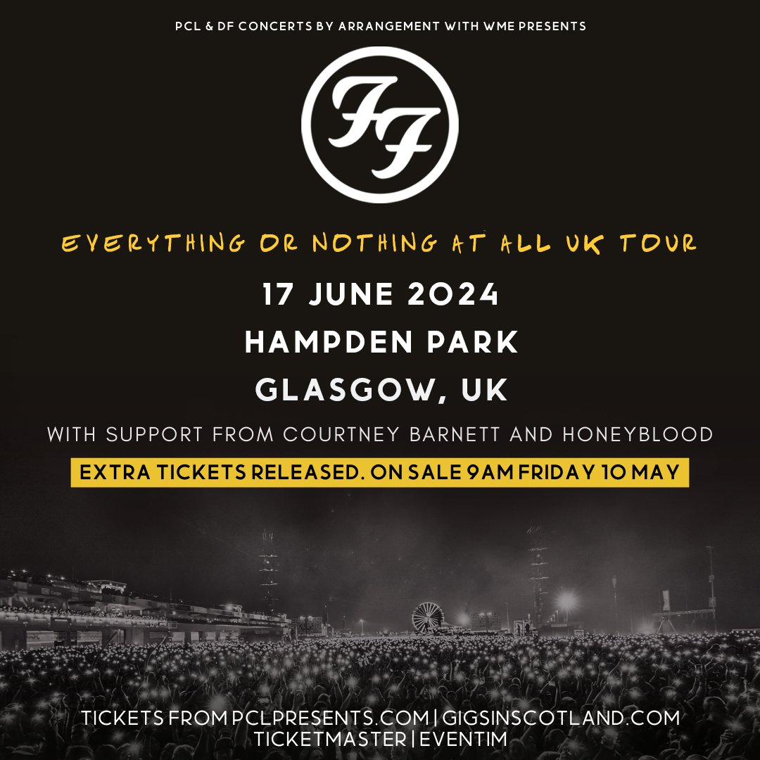 .@foofighters have just announced that they will release extra tickets for their Glasgow stadium show at Hampden Park on 17th June 💫 Support comes from @courtneymelba and @yumhoneyblood. Tickets go on sale Friday 10th May at 9am!💛 ⇾ gigss.co/foo-fighters