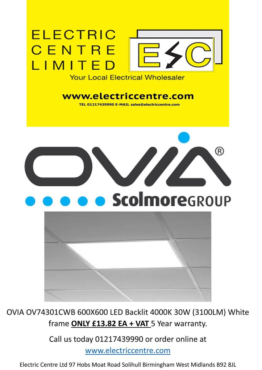 Todays special offer, Ovia Lighting 600x600 led panel lights only £16.58 inc VAT get in touch today while stocks last. electriccentre.com/light-fittings… #lighting ##ledlighting #electricalwork #electrical #electrician #officelighting #retaillighting #birminghambusiness #solihullbusiness