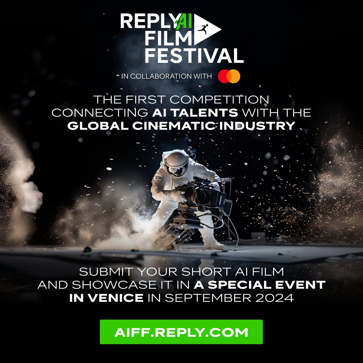 The Reply AI Film Festival, the 1st competition connecting AI talents with the cinematic industry 🔥📽 Submit your AI short film and get a pass to a première by Reply and Mastercard, during the days of the 81st Venice International Film Festival 🎬 👉 replychallenges.com/AIFF