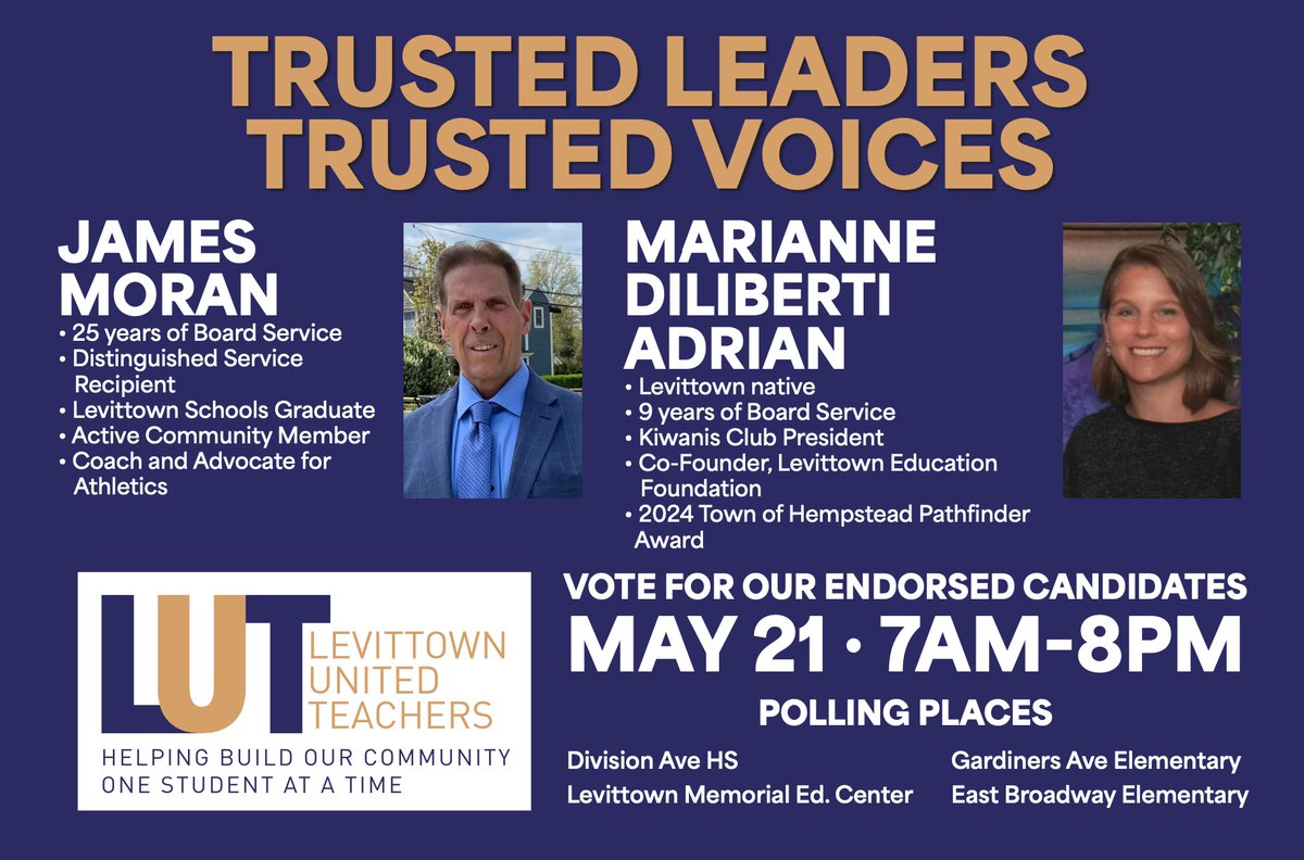 @theLUT proudly announces our endorsements for the upcoming School Board election. @Nysutnro levittownteachers.org/updates/lut-en…