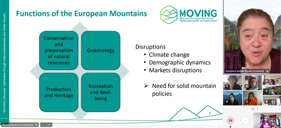 Now Dominique Barjolle of @oriGInNetwork highlights the FUNCTIONS of European MOUNTAINS (conservations, heritage...) as well as the disruptors (CC, demographics, etc). 'While policies influencing mountains do exist, their effect is too weak'. #EUMAPwebinar @MOVINGH2020