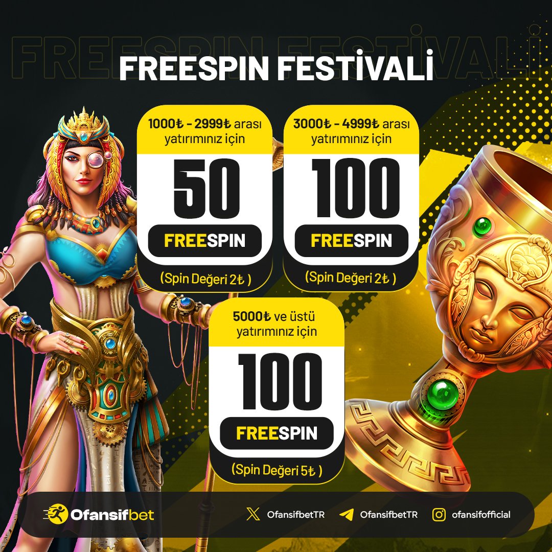 🎉 #Ofansifbet #Freespin Festivali başladı! 🎉 🥇1000₺ - 2999₺ arası yatırım 50 Freespin (Spin 2⃣₺) 🥈3000₺ - 4999₺ arası yatırım 100 Freespin (Spin 2⃣₺) 🥉5000₺ ve üstü yatırımlarda 100 Freespin (Spin 5⃣₺) ⚡️SIRADAN OLMA, KAZANAN OL! 🎲rebrand.ly/ofansifsosyal