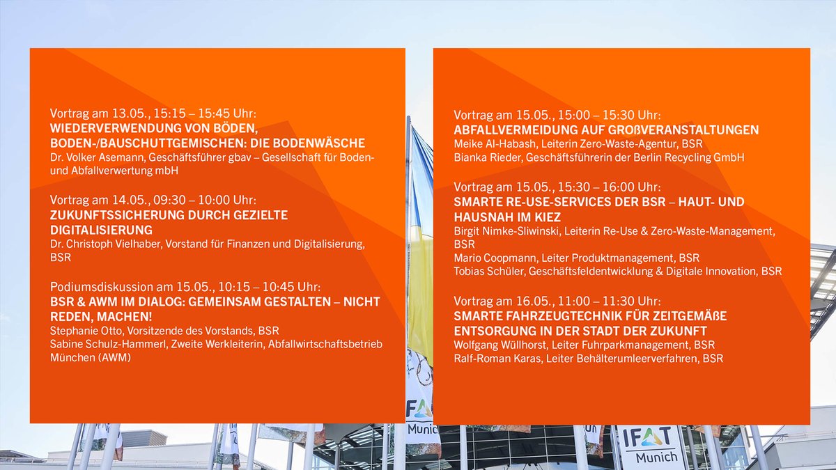 #BSR auf #IFAT: Vom 13.-17.05 präsentieren wir spannende Vorträge & Aktion rund um die Themen #Stadtsauberkeit, #ReUse, #ZeroWaste und #Klimaschutz & zeigen, wie wir #Berlin auf dem Weg zur #NullVerschwendung/s-Hauptstadt aktiv begleiten 📍 Kommt vorbei: Halle B4, Stand 151/350