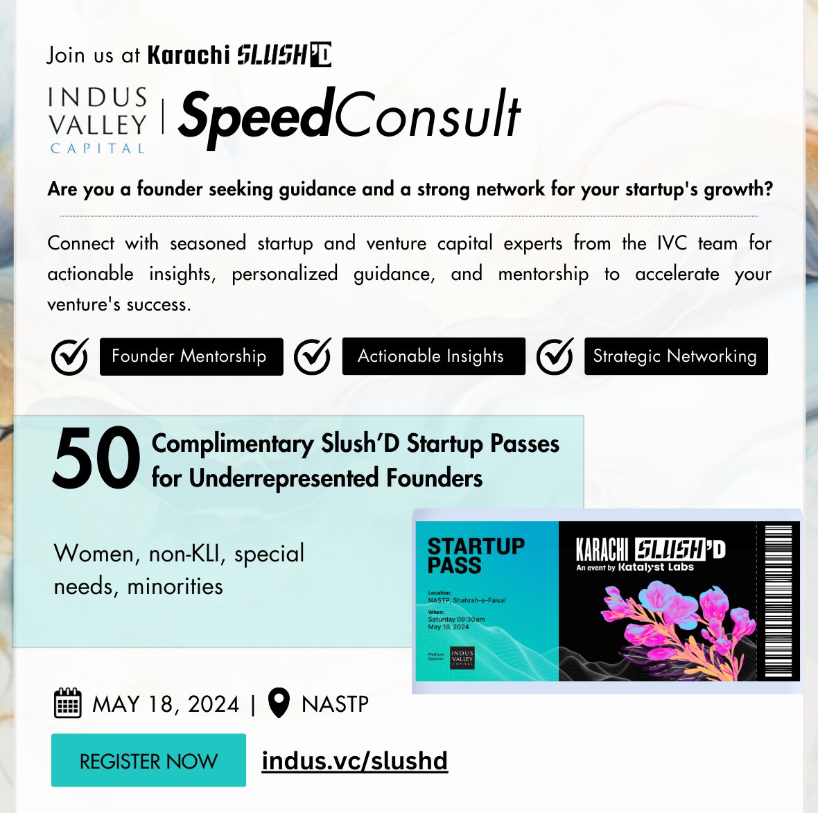 Aatif Awan (@aatif_awan) on Twitter photo Slush'D Karachi is back on May 18th. And so is <a href="/indusvalleycap/">Indus Valley Capital</a> sponsoring 50 under-represented founders to participate.
You'll get complementary tickets to the Slush'D event hosted by <a href="/LabsKatalyst/">katalystlabspk</a> and personalized guidance from IVC team.
Apply at indus.vc/slushd Slush'D Karachi is back on May 18th. And so is <a href="/indusvalleycap/">Indus Valley Capital</a> sponsoring 50 under-represented founders to participate.
You'll get complementary tickets to the Slush'D event hosted by <a href="/LabsKatalyst/">katalystlabspk</a> and personalized guidance from IVC team.
Apply at indus.vc/slushd