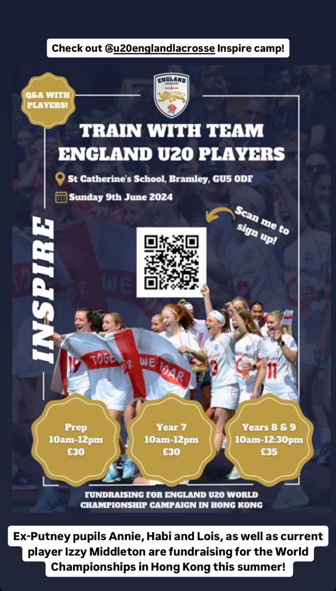 Current player Izzy M and alumni Annie M, Habi L and Lois C are all going to be representing England U20 in Hong Kong at the World Champs this summer! They are fundraising with a lax camp on 9th June! #Inspire