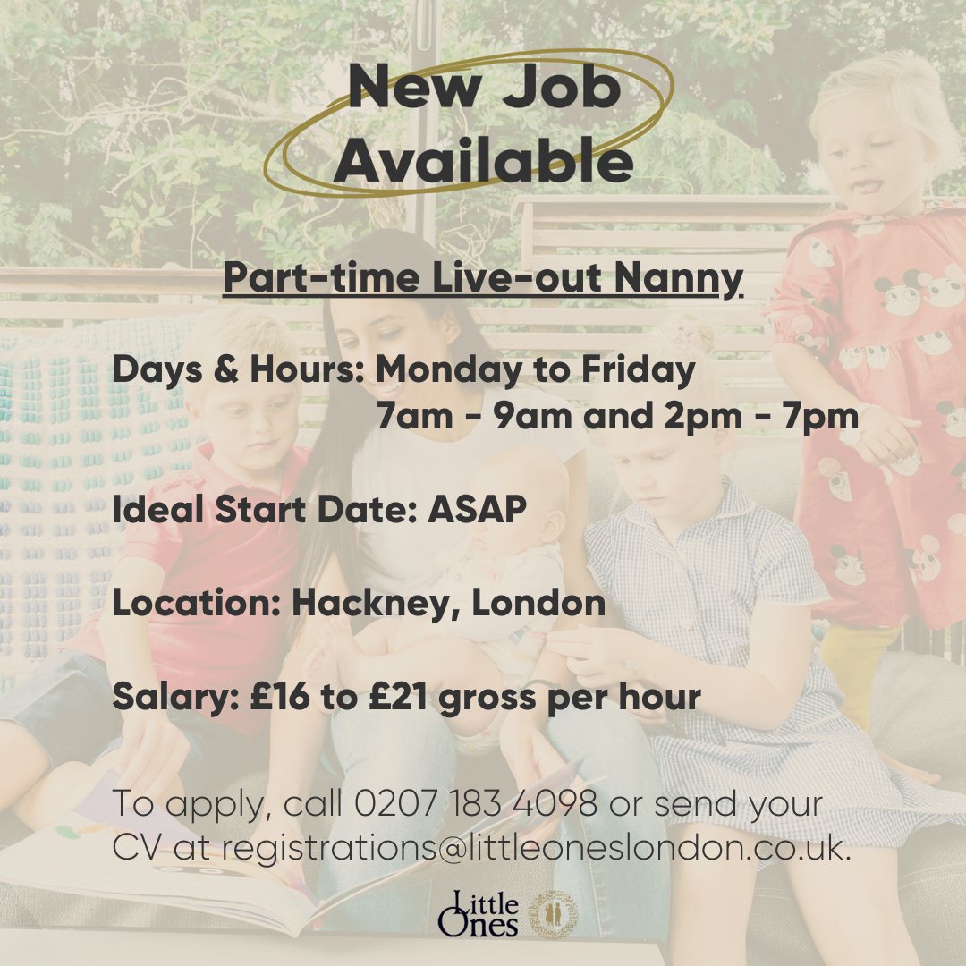 Fantastic new part-time position in Hackney! Great pay and hours. Apply now by using this link: bit.ly/4dzm5zB

#newjob #hiring #nannyjob #parttimejob #summerjob #littleones