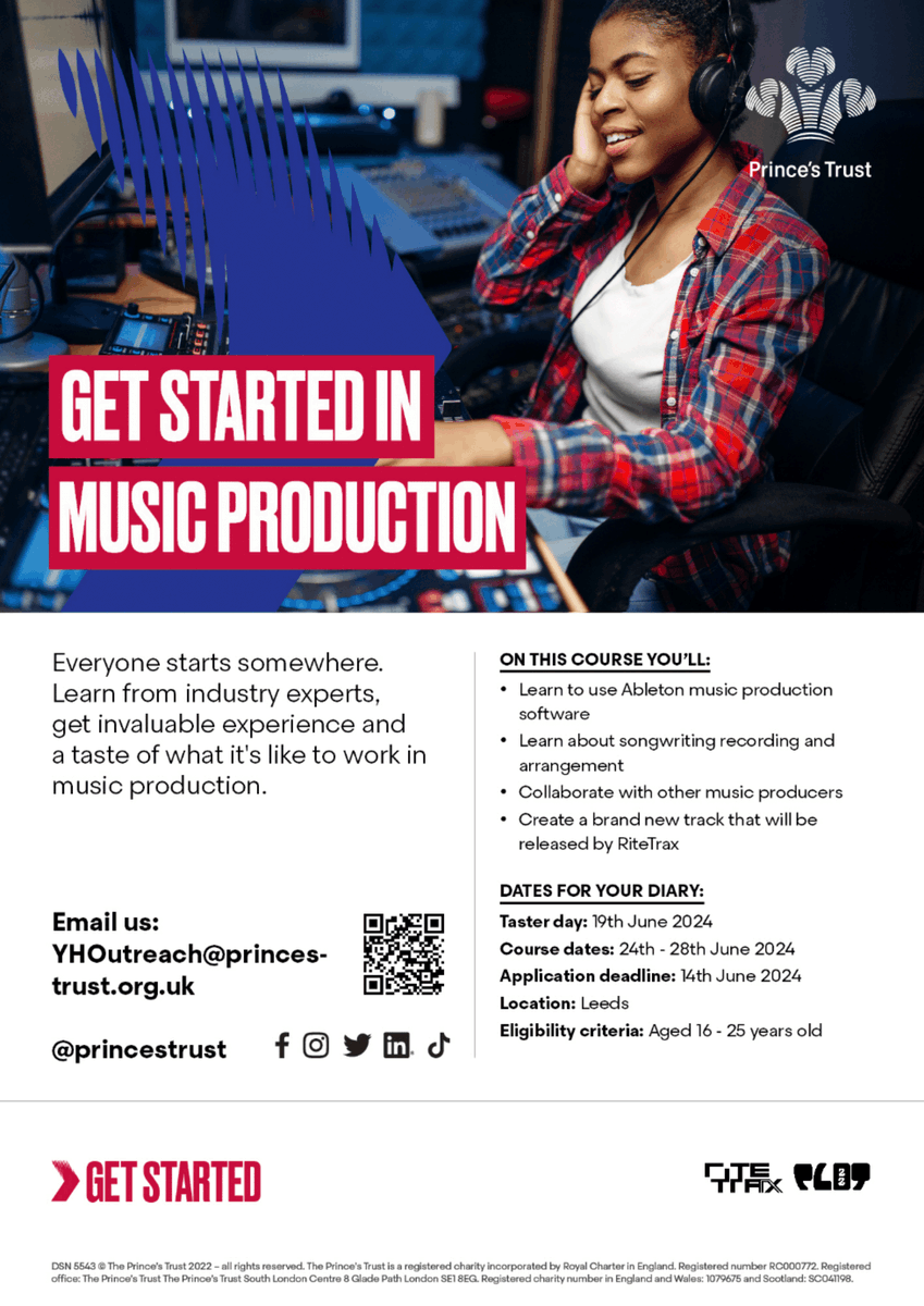Are you interested in music production? Information below for a free course, where you will learn skills and knowledge on how to song-write and record. More info: - Get Started with Music Production 2 - RiteTrax & Prince's Trust (ow.ly/FEtj50RzcYR) Deadline- 14th June