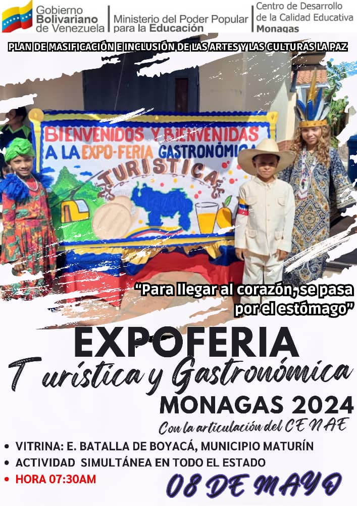 #8May #NadieDetieneAlPuebloValiente <a href="/NicolasMaduro/">Nicolás Maduro</a> <a href="/_LaAvanzadora/">Yelitze Santaella</a> @MPPEDUCACION <a href="/dgcpatrimonio/">dgcpatrimonio/turismo</a>  <a href="/estabacarolina1/">Carolina Estaba</a> Directora del <a href="/ActualZe/">CDCE ESTADAL MONAGAS</a> junto a la Brigada Estudiantil de Patrimonio y Turismo invitan a la EXPOFERIA TURÍSTICA y GASTRONÓMICA fase Estadal <a href="/ogledar/">Richard Delgado</a> <a href="/InaturMonagas/">Inatur Monagas</a>