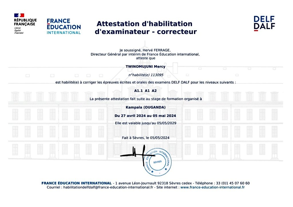 🇺🇬 Glad to announce that I have been certified by France Education International as an examiner/corrector of the French language 🤝🏽. 🇫🇷 Ravie de vous annoncer que je suis désormais habilitée par France Education International à examiner /corriger les épreuves de DELF. 🤝🏽 😀