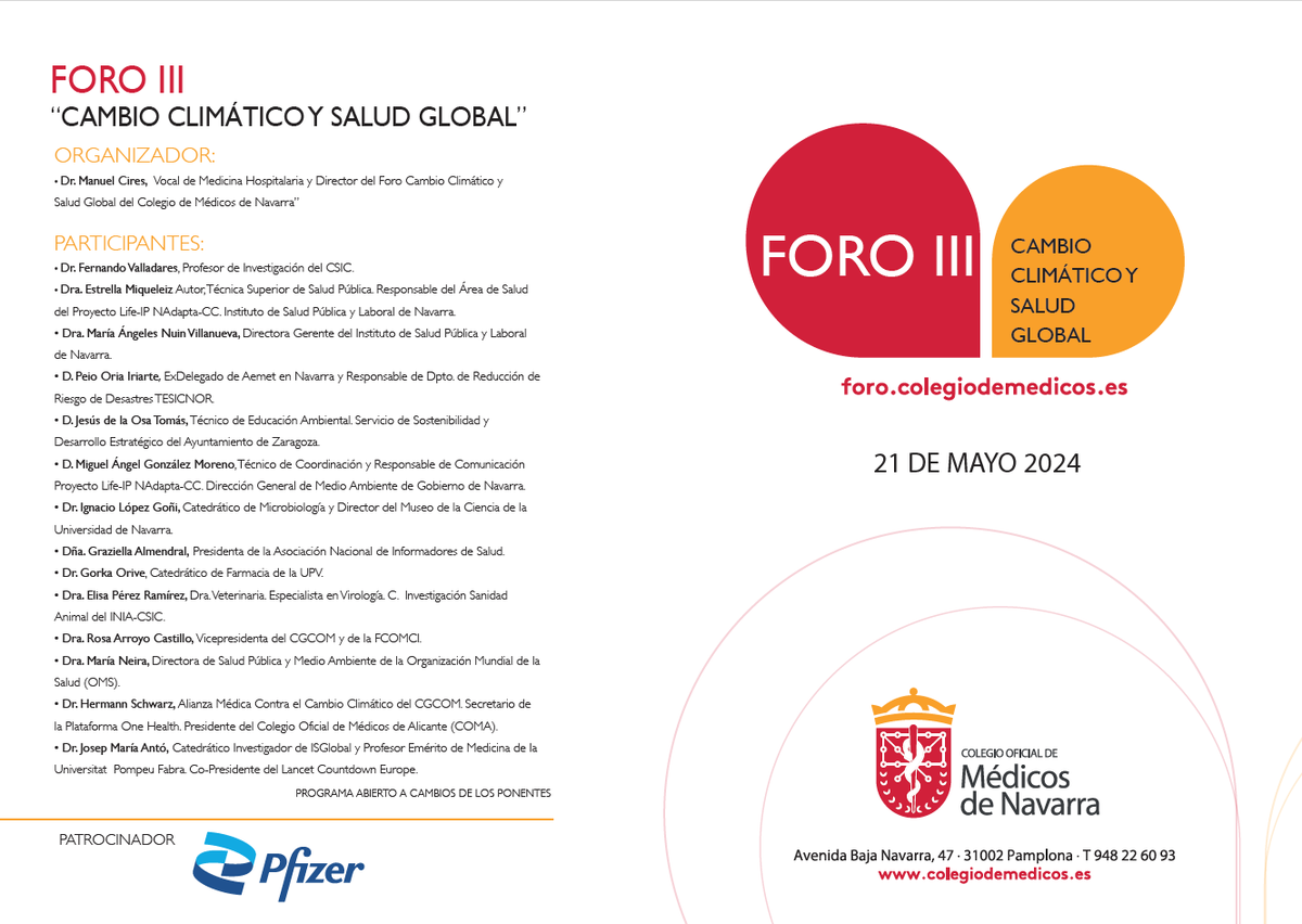 MedenaColegio's tweet photo. III Foro sobre #CambioClimático y Salud Global para médicos/as 
🗓️21 de mayo 
👉Participan F. Valladares @FernandoVallada, M. Neira
@DrMariaNeira y JM. Antó. 
⏭️Inscripciones al Foro presencial y online en https://t.co/Zf7kFJ2vUT
@namFYC @SemergenNavarra @salud_na @CGCOM_Esp https://t.co/xq90q5Emic