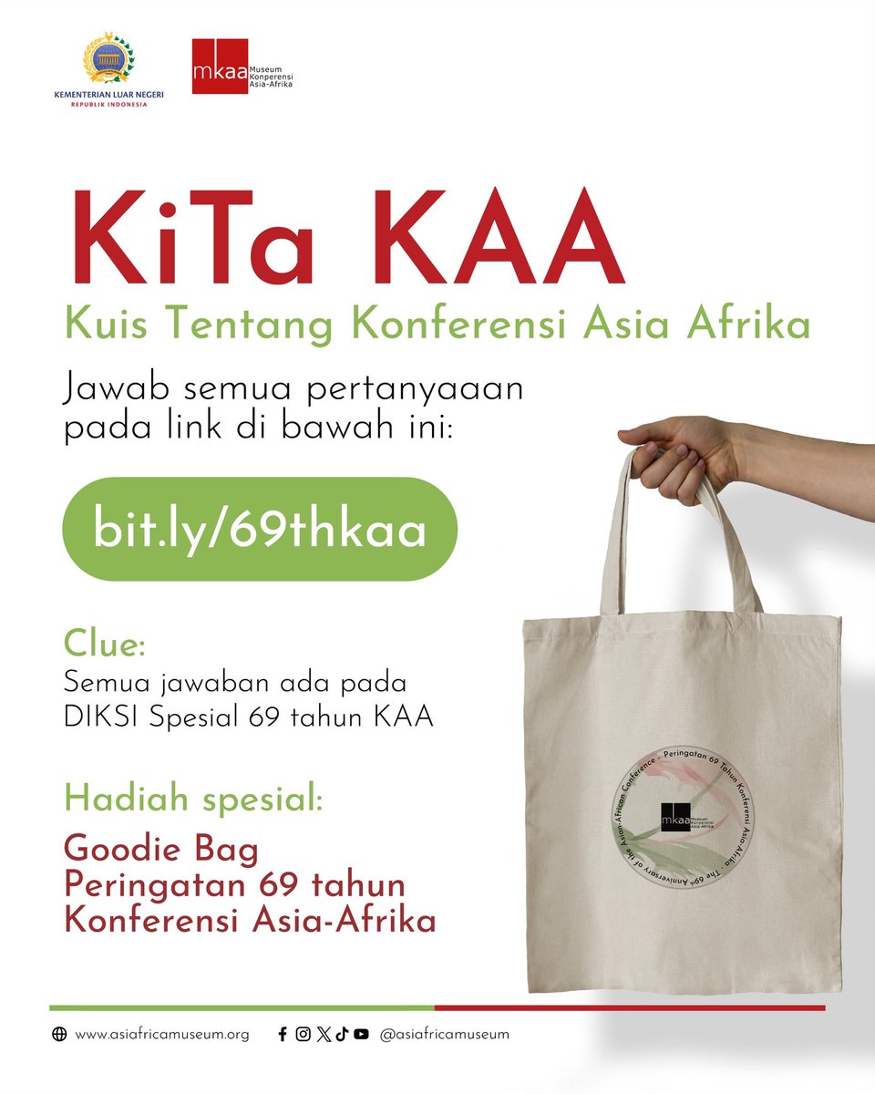 mkaa_kemlu's tweet photo. 🌟Kuis Berhadiah🌟
Halo, Sahabat Museum!

Tidak terasa bulan April telah berlalu, dan berakhir pula rangkaian acara peringatan 69 tahun KAA. 

Tapi, semangat kita masih terus berlanjut dong!

Sebagai penutup rangkaian peringatan KAA, mimin mau bagi-bagi tanda pengingat spesial bagi Sahabat. 

KiTa KAA kembali dengan edisi khusus 69 tahun KAA. Akses kuisnya pada https://t.co/mDwioaxJxb. 

Kami siapkan dua Goodie Bag Edisi Peringatan 69 tahun KAA bagi sahabat yang dapat menjawab dengan benar, tepat, dan cepat! (satu akun Instagram dan satu akun X/Twitter)

Clue: cari jawabannya di post DIKSI spesial 69 tahun KAA selama 18-24 April lalu. 

Mimin tunggu jawaban sahabat hingga hari Kamis, 9 Mei pukul 16.00 WIB  ya!

Salam Sahabat Museum,
Museum di Hatiku!